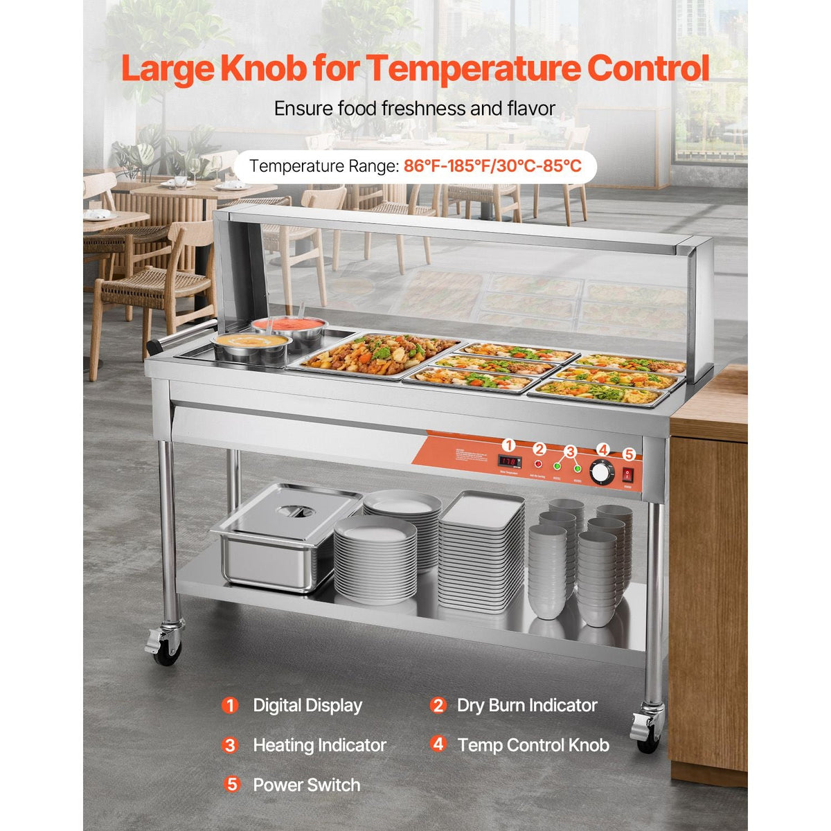 Commercial Food Warmer, 7 Pans + 2 Pots Electric Steam Table, 1800W Professional Buffet Catering Food Warmer with Shield Undershelf Wheels, Stainless Steel Server for Party Restaurant Hotel