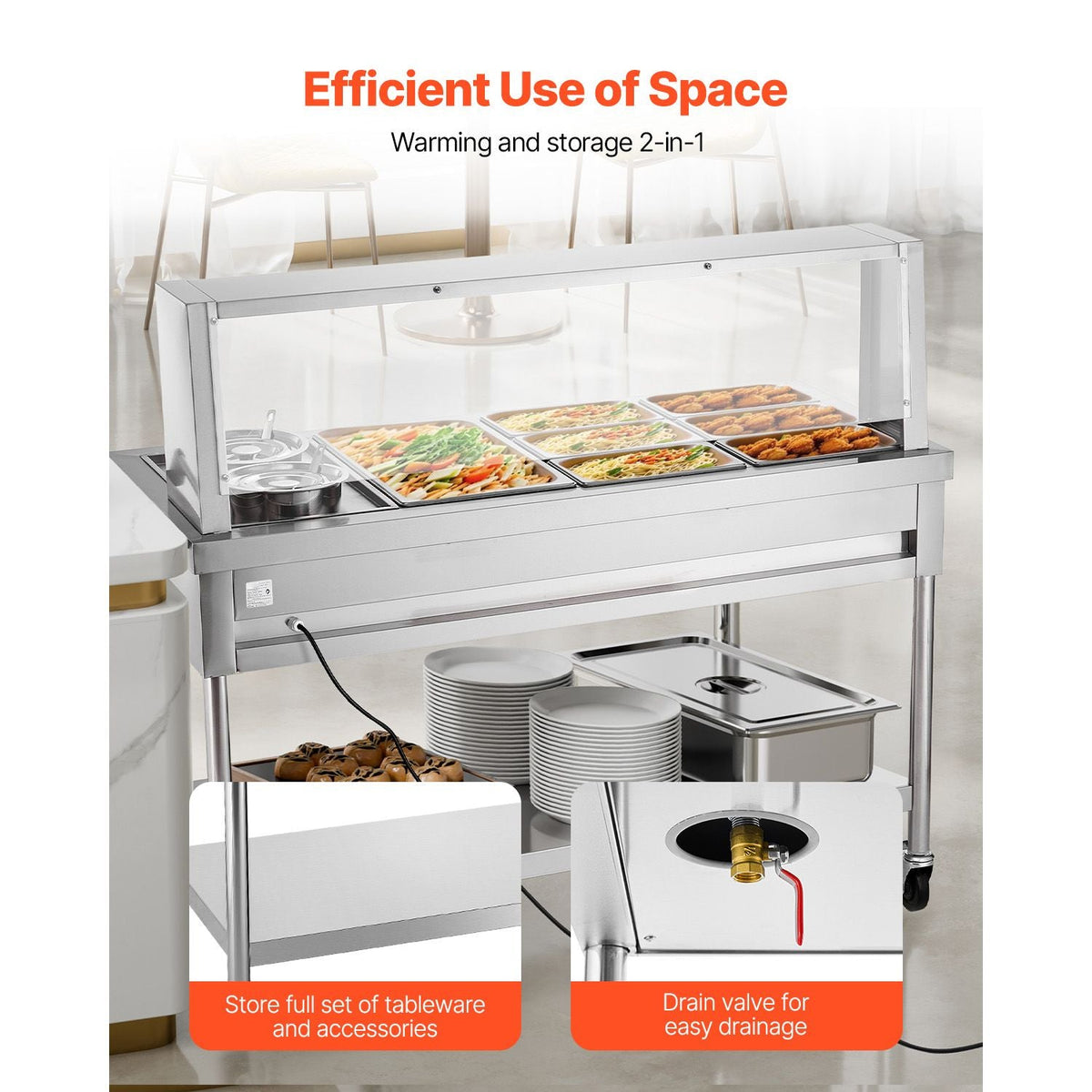 Commercial Food Warmer, 7 Pans + 2 Pots Electric Steam Table, 1800W Professional Buffet Catering Food Warmer with Shield Undershelf Wheels, Stainless Steel Server for Party Restaurant Hotel