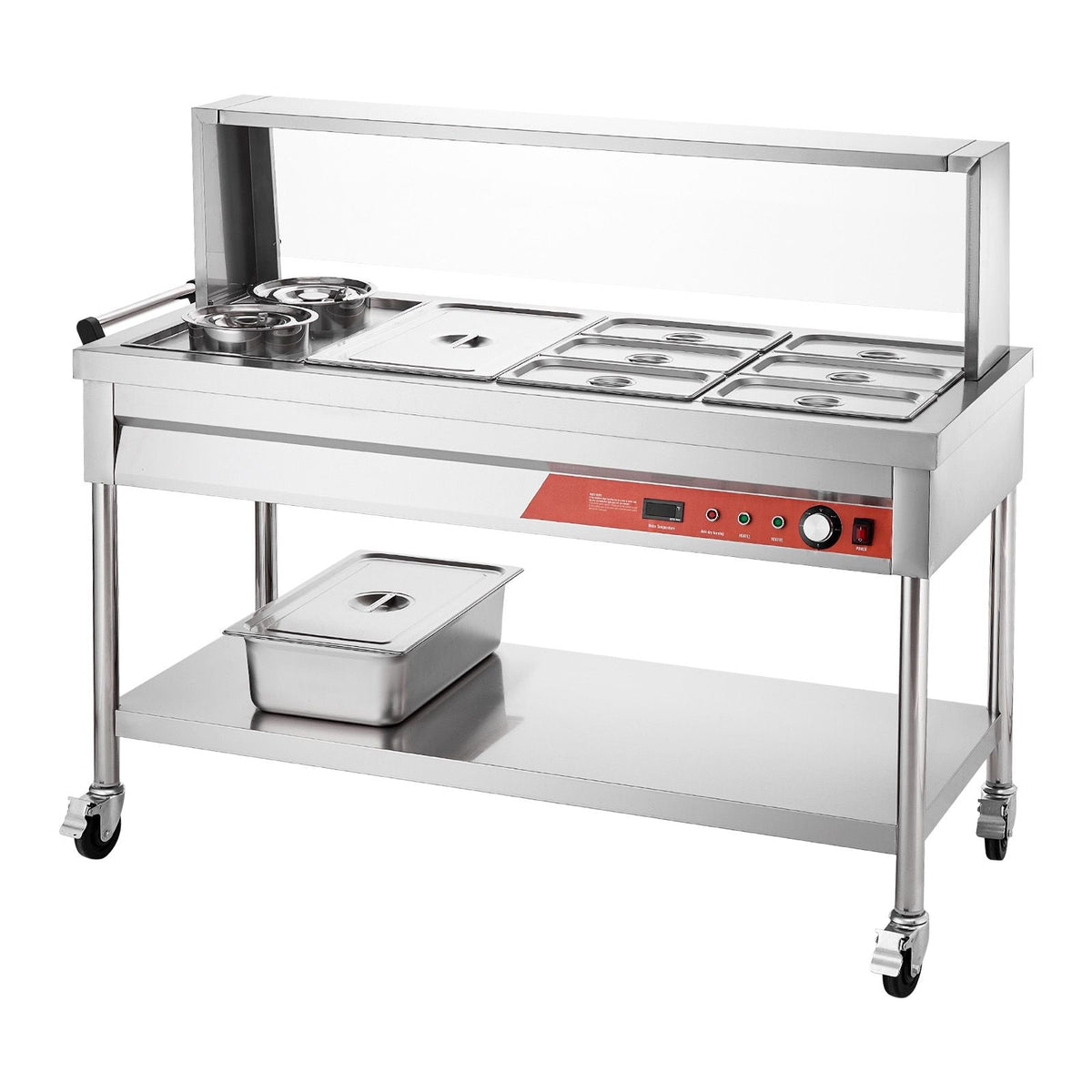 Commercial Food Warmer, 7 Pans + 2 Pots Electric Steam Table, 1800W Professional Buffet Catering Food Warmer with Shield Undershelf Wheels, Stainless Steel Server for Party Restaurant Hotel