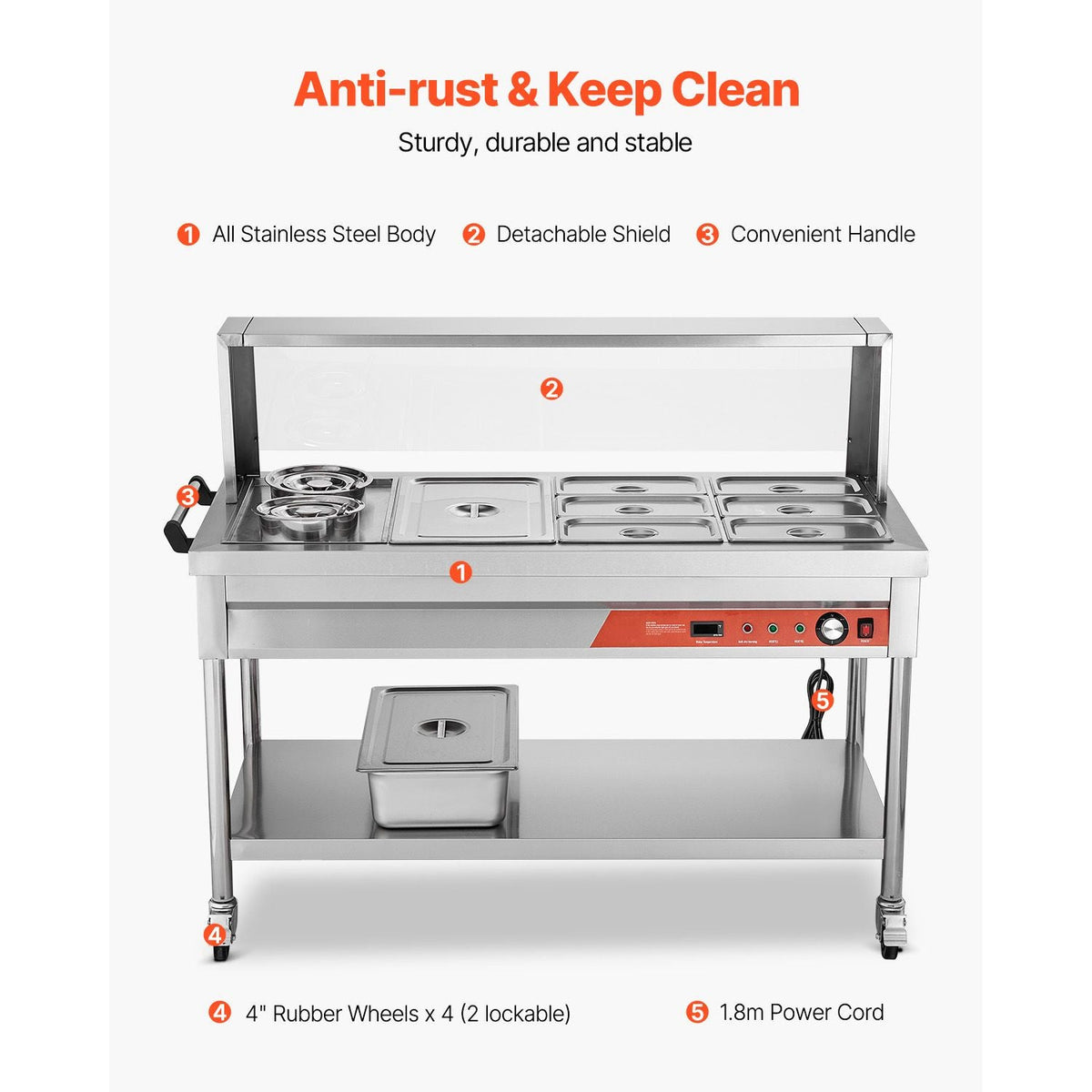 Commercial Food Warmer, 7 Pans + 2 Pots Electric Steam Table, 1800W Professional Buffet Catering Food Warmer with Shield Undershelf Wheels, Stainless Steel Server for Party Restaurant Hotel