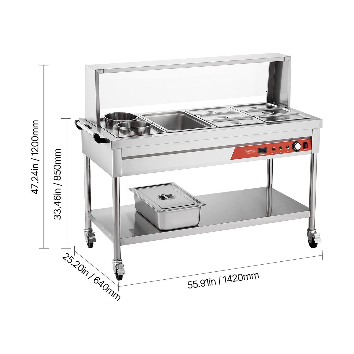 Commercial Food Warmer, 7 Pans + 2 Pots Electric Steam Table, 1800W Professional Buffet Catering Food Warmer with Shield Undershelf Wheels, Stainless Steel Server for Party Restaurant Hotel