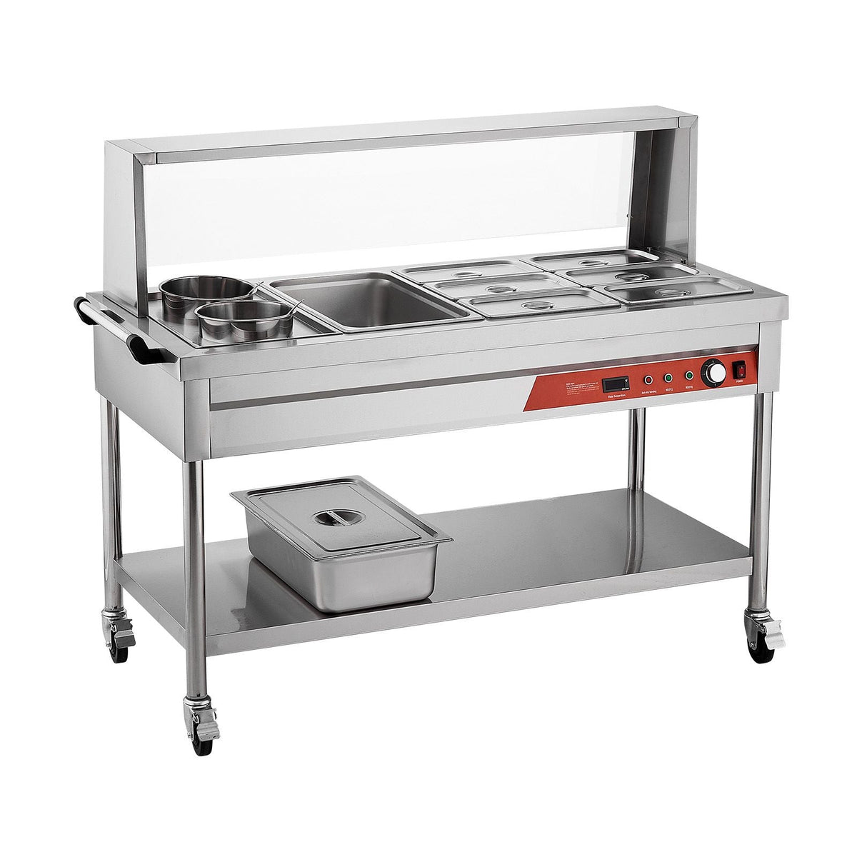 Commercial Food Warmer, 7 Pans + 2 Pots Electric Steam Table, 1800W Professional Buffet Catering Food Warmer with Shield Undershelf Wheels, Stainless Steel Server for Party Restaurant Hotel