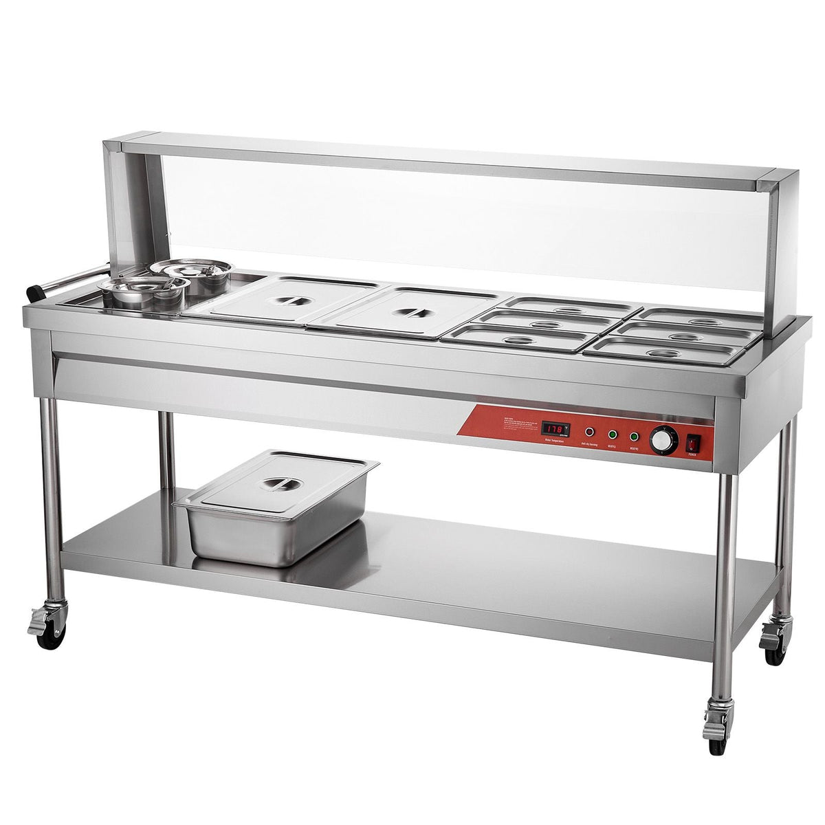 Commercial Food Warmer, 8 Pans + 2 Pots Electric Steam Table, 1800W Professional Buffet Catering Food Warmer with Shield Undershelf Wheels, Stainless Steel Server for Party Restaurant