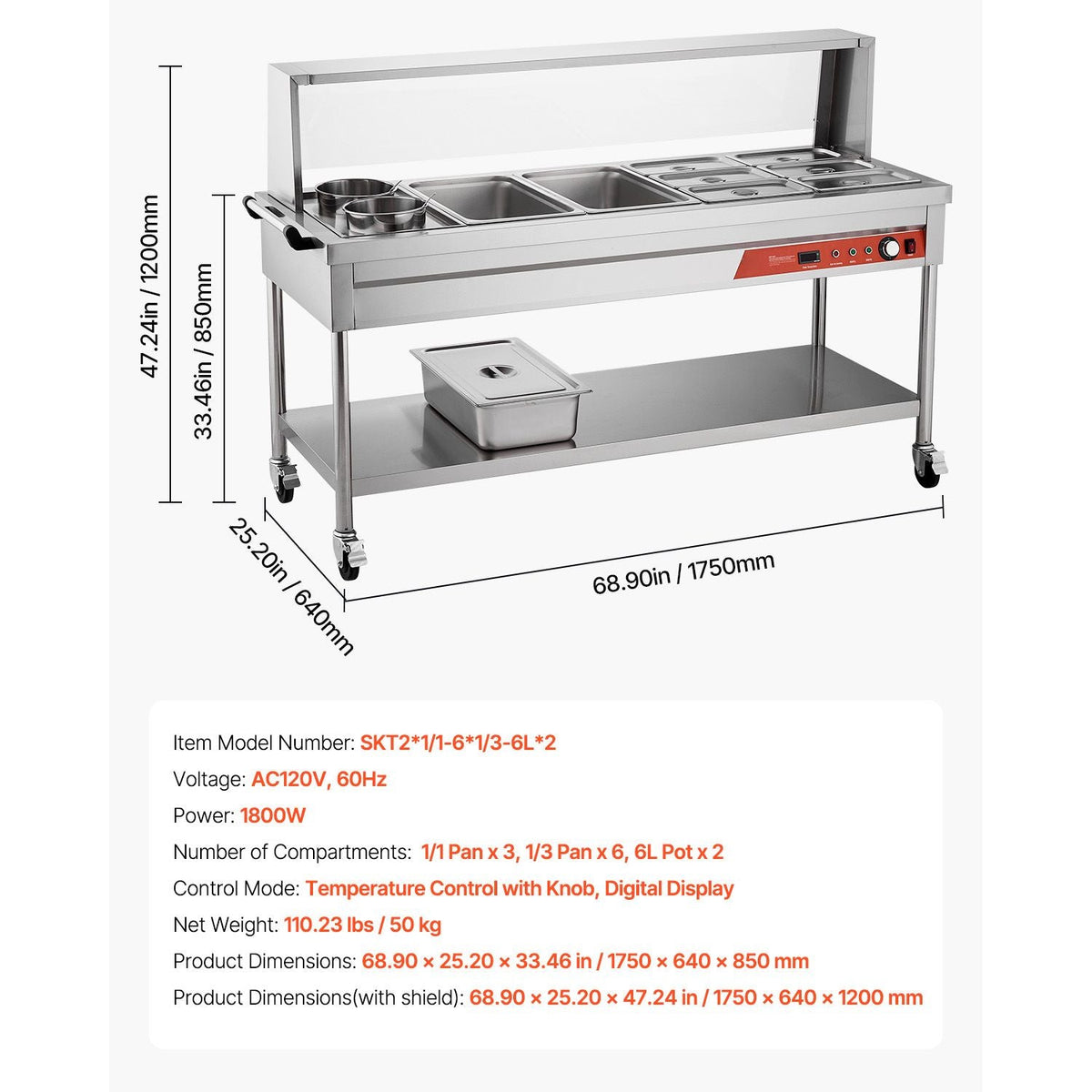 Commercial Food Warmer, 8 Pans + 2 Pots Electric Steam Table, 1800W Professional Buffet Catering Food Warmer with Shield Undershelf Wheels, Stainless Steel Server for Party Restaurant
