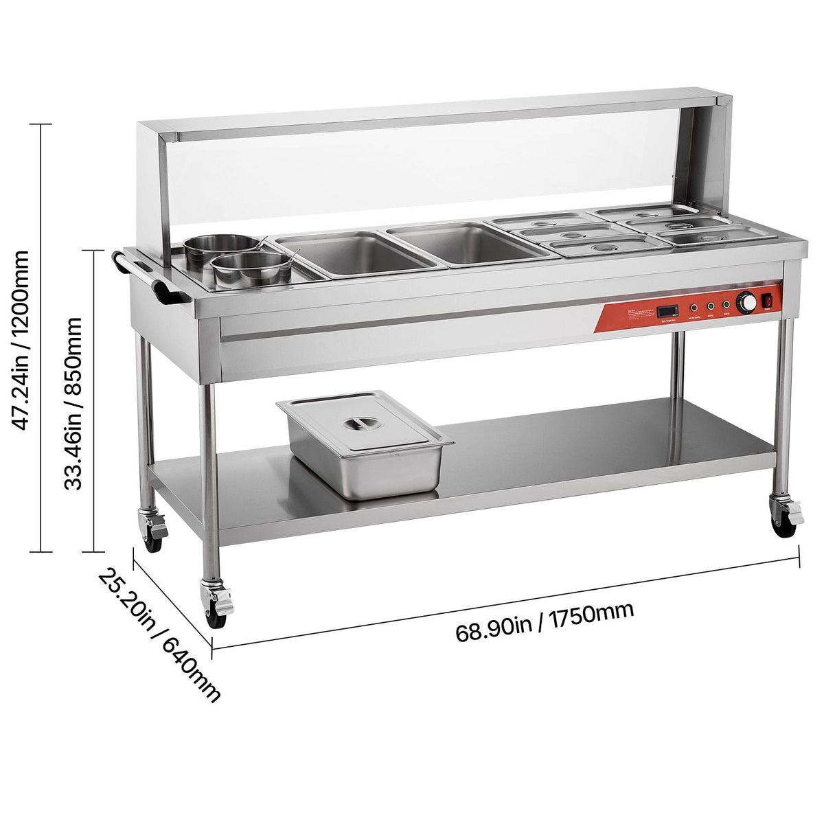 Commercial Food Warmer, 8 Pans + 2 Pots Electric Steam Table, 1800W Professional Buffet Catering Food Warmer with Shield Undershelf Wheels, Stainless Steel Server for Party Restaurant