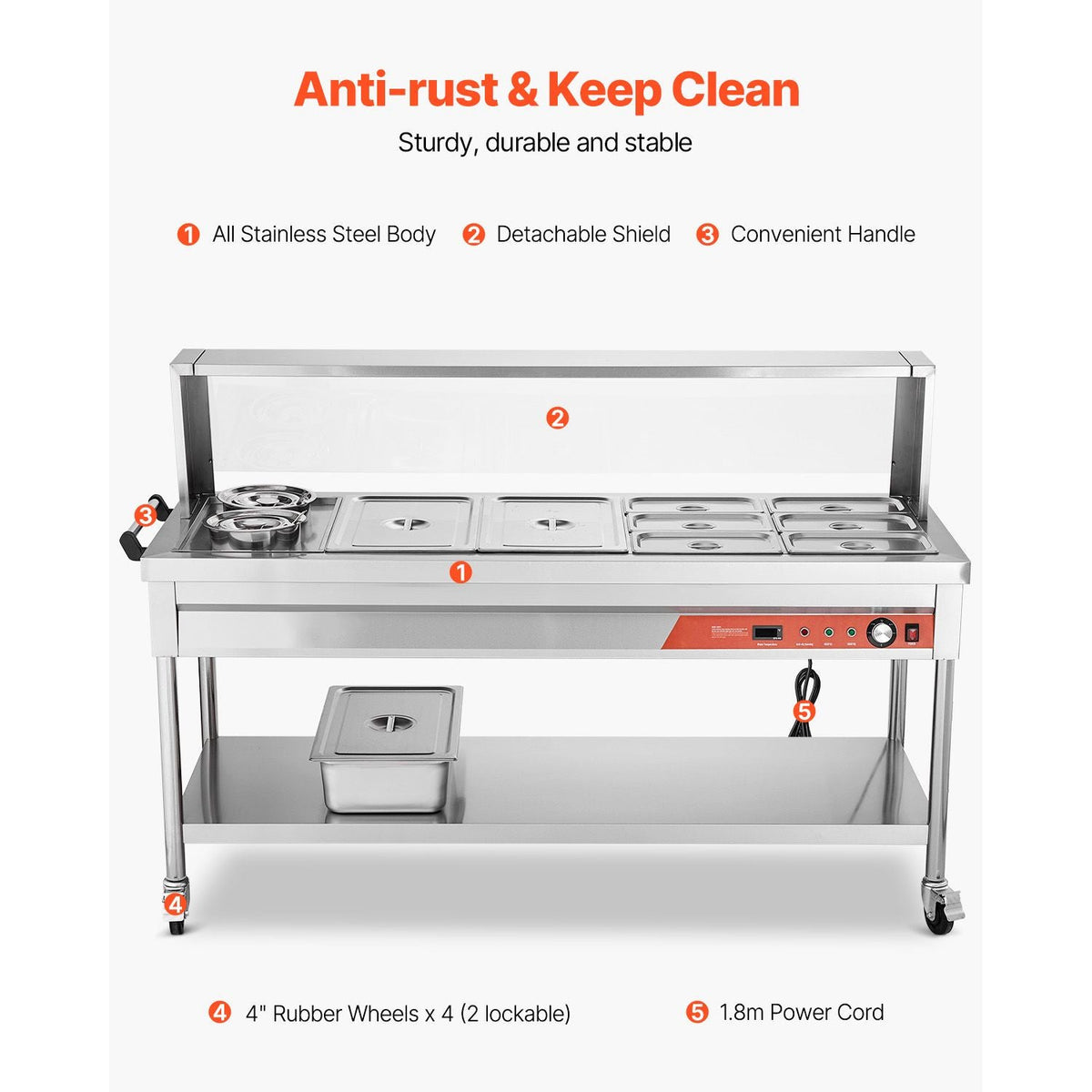 Commercial Food Warmer, 8 Pans + 2 Pots Electric Steam Table, 1800W Professional Buffet Catering Food Warmer with Shield Undershelf Wheels, Stainless Steel Server for Party Restaurant