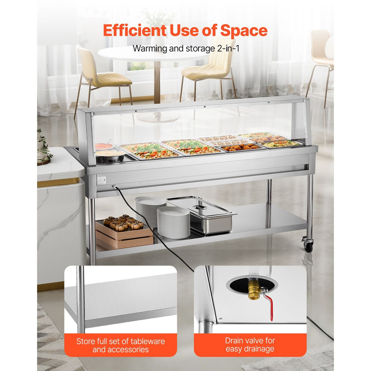Commercial Food Warmer, 8 Pans + 2 Pots Electric Steam Table, 1800W Professional Buffet Catering Food Warmer with Shield Undershelf Wheels, Stainless Steel Server for Party Restaurant