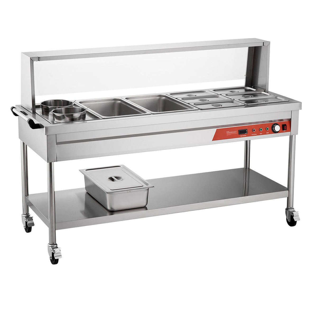Commercial Food Warmer, 8 Pans + 2 Pots Electric Steam Table, 1800W Professional Buffet Catering Food Warmer with Shield Undershelf Wheels, Stainless Steel Server for Party Restaurant