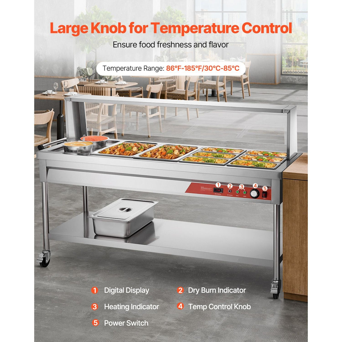 Commercial Food Warmer, 8 Pans + 2 Pots Electric Steam Table, 1800W Professional Buffet Catering Food Warmer with Shield Undershelf Wheels, Stainless Steel Server for Party Restaurant