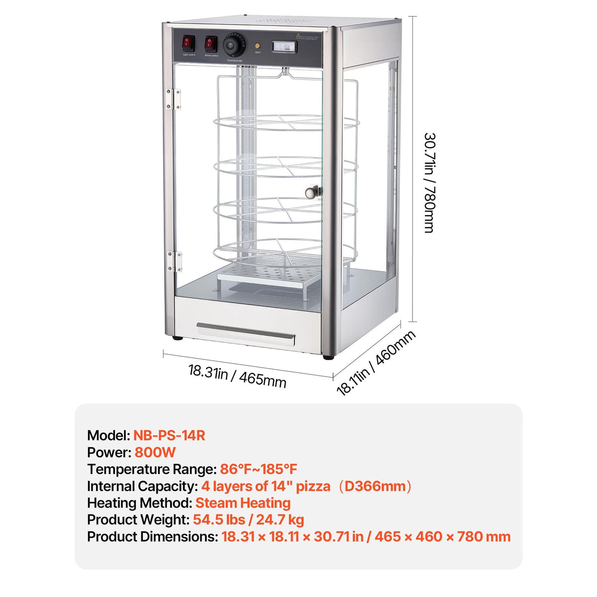 Commercial Food Warmer Display, 4-Tier Pizza Warmer with Rotary Steam Heating for 14 in Pizza, 86-185 Fahrenheit Temp Control and Temp Display, 25W Oven Light + Top LED for Pizza Shop