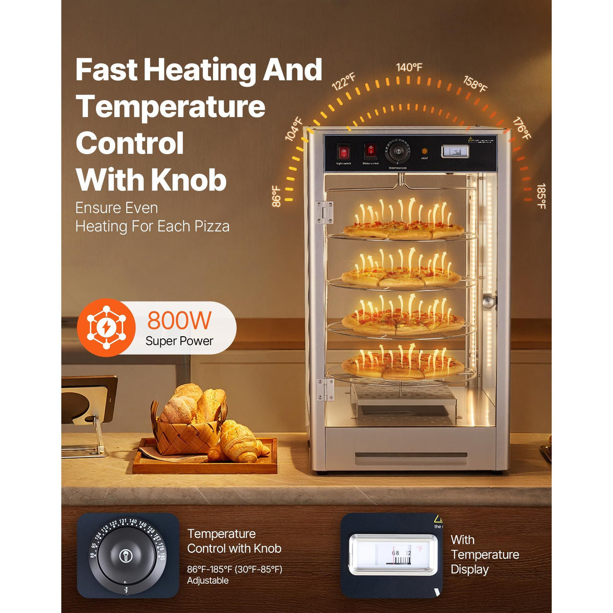 Commercial Food Warmer Display, 4-Tier Pizza Warmer with Rotary Steam Heating for 14 in Pizza, 86-185 Fahrenheit Temp Control and Temp Display, 25W Oven Light + Top LED for Pizza Shop