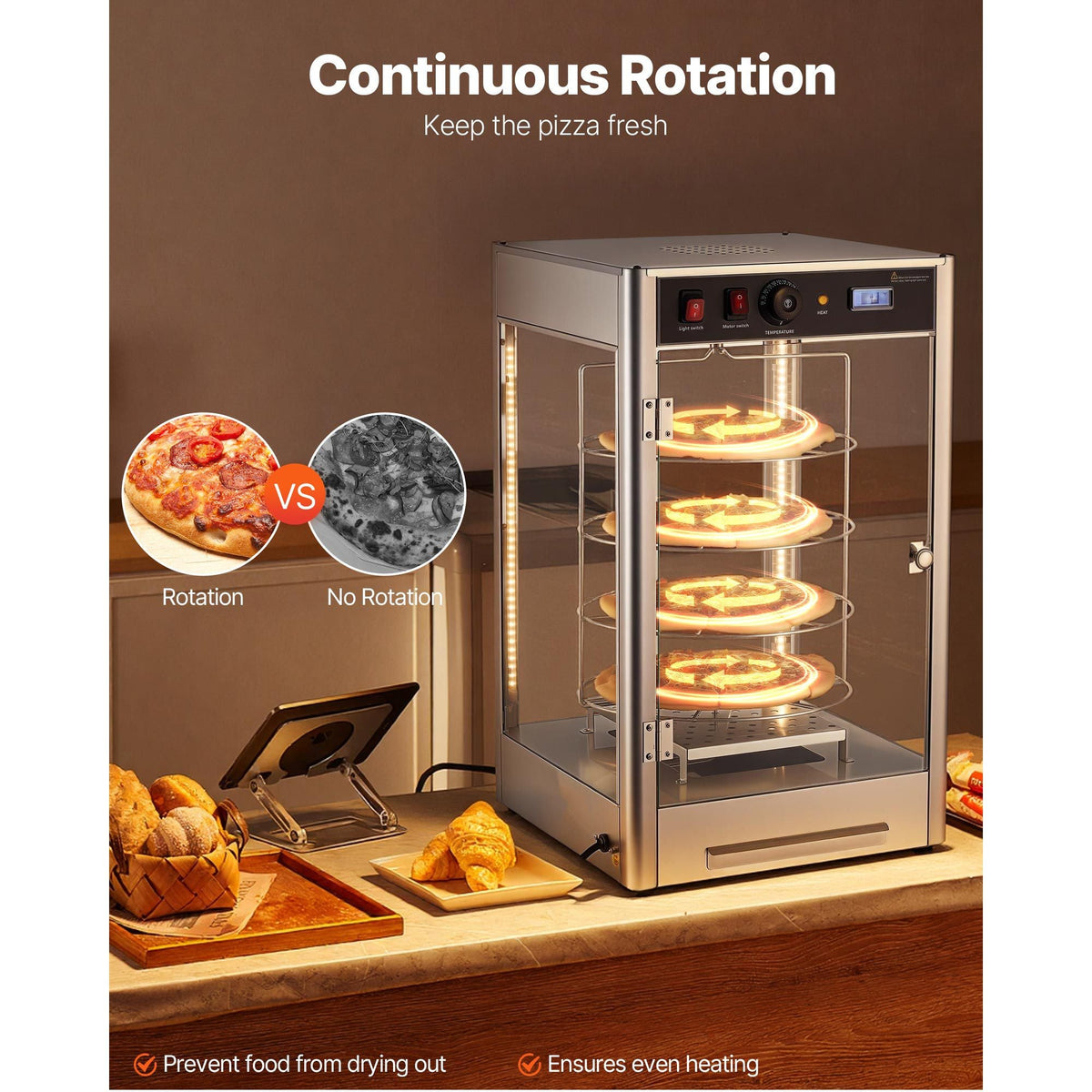 Commercial Food Warmer Display, 4-Tier Pizza Warmer with Rotary Steam Heating for 14 in Pizza, 86-185 Fahrenheit Temp Control and Temp Display, 25W Oven Light + Top LED for Pizza Shop