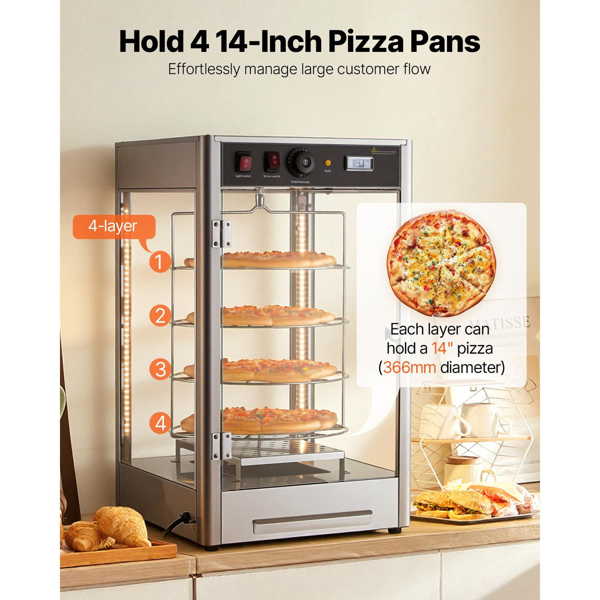 Commercial Food Warmer Display, 4-Tier Pizza Warmer with Rotary Steam Heating for 14 in Pizza, 86-185 Fahrenheit Temp Control and Temp Display, 25W Oven Light + Top LED for Pizza Shop