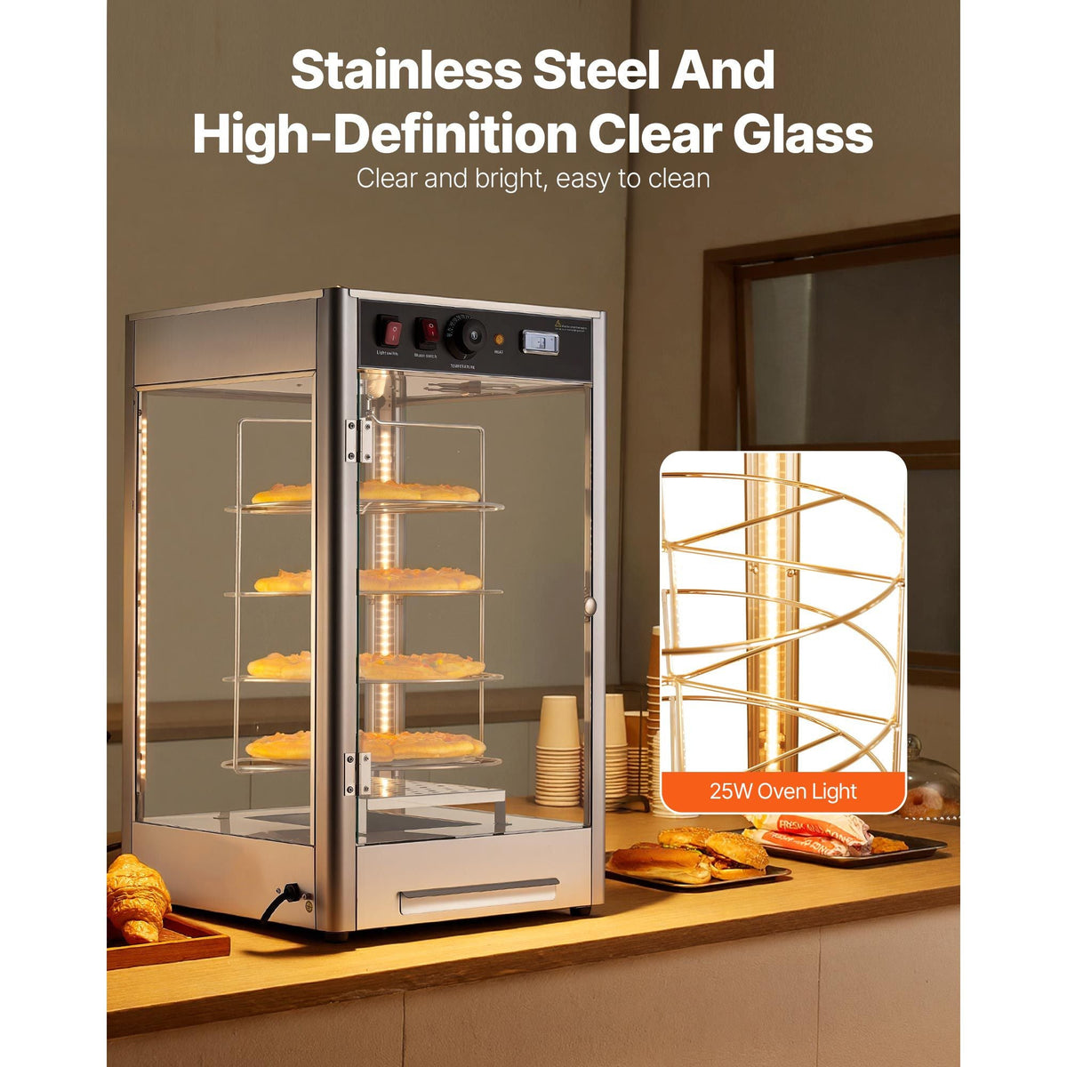 Commercial Food Warmer Display, 4-Tier Pizza Warmer with Rotary Steam Heating for 14 in Pizza, 86-185 Fahrenheit Temp Control and Temp Display, 25W Oven Light + Top LED for Pizza Shop
