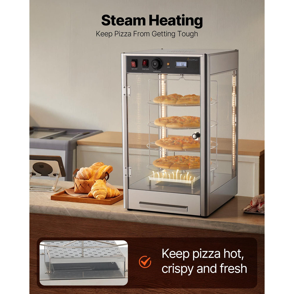 Commercial Food Warmer Display, 4-Tier Pizza Warmer with Rotary Steam Heating for 14 in Pizza, 86-185 Fahrenheit Temp Control and Temp Display, 25W Oven Light + Top LED for Pizza Shop