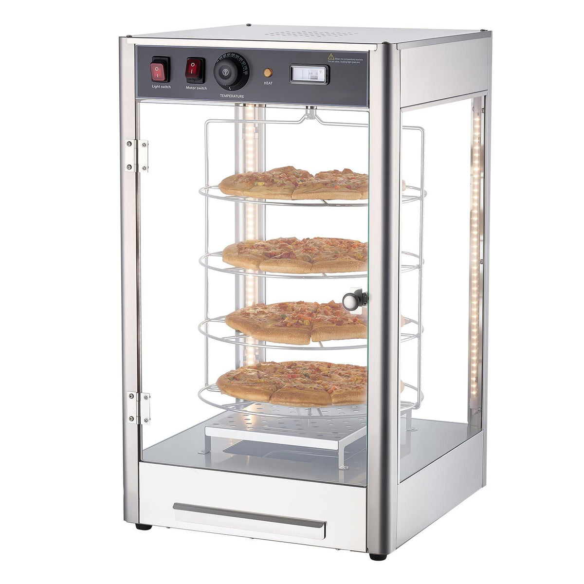 Commercial Food Warmer Display, 4-Tier Pizza Warmer with Rotary Steam Heating for 14 in Pizza, 86-185 Fahrenheit Temp Control and Temp Display, 25W Oven Light + Top LED for Pizza Shop