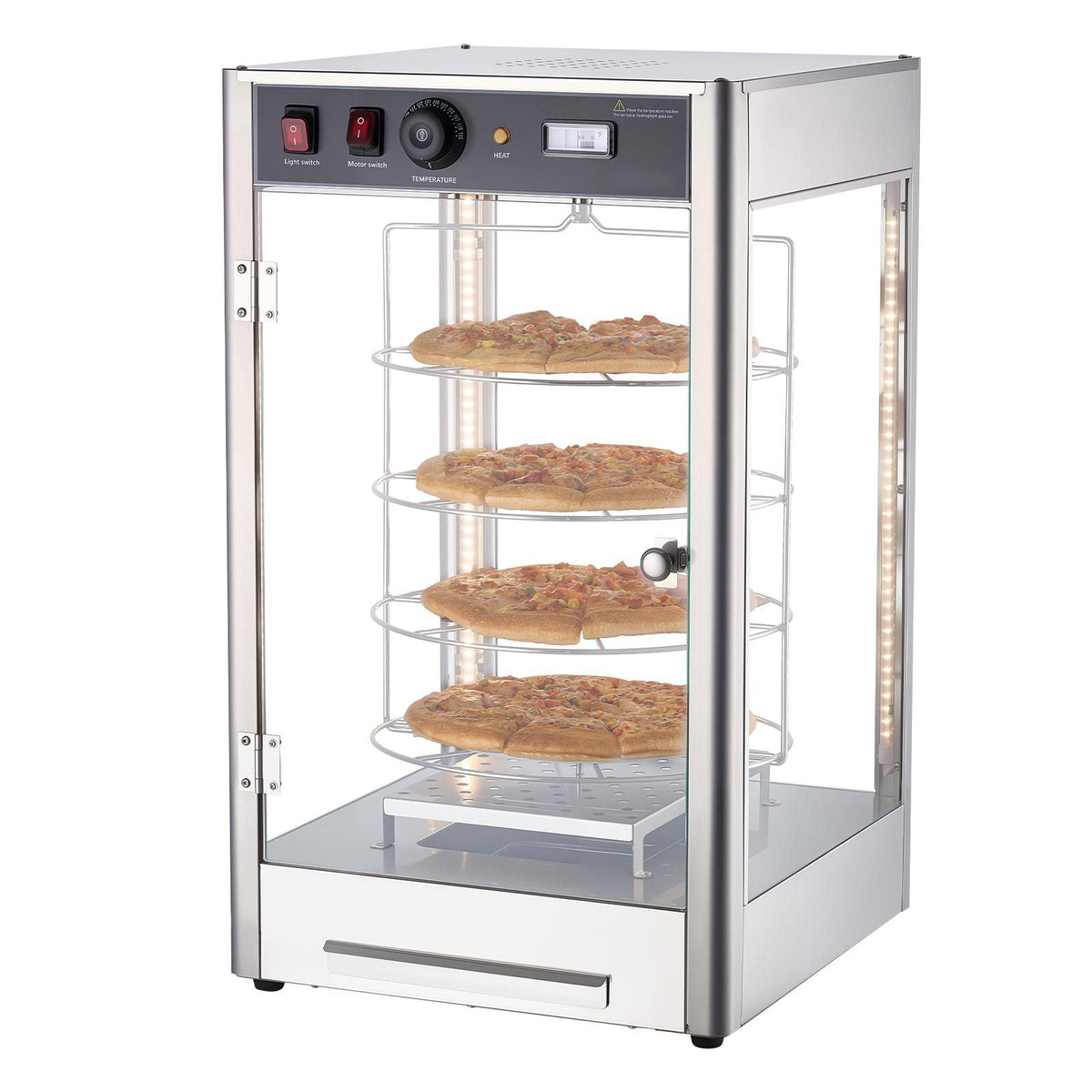 Commercial Food Warmer Display, 4-Tier Pizza Warmer with Rotary Steam Heating for 14 in Pizza, 86-185 Fahrenheit Temp Control and Temp Display, 25W Oven Light + Top LED for Pizza Shop