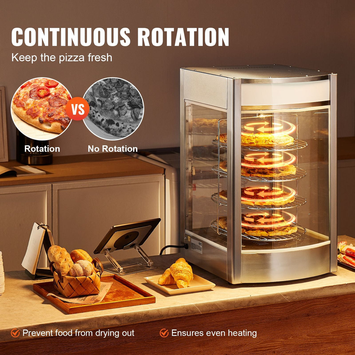 Commercial Food Warmer Display for 14" Pizza, 4-Tier Pizza Warmer with Rotary Steam Heating, 86 Fahrenheit~185 Fahrenheit Temperature Control and Temp Display, 25W Oven Light + Top LED