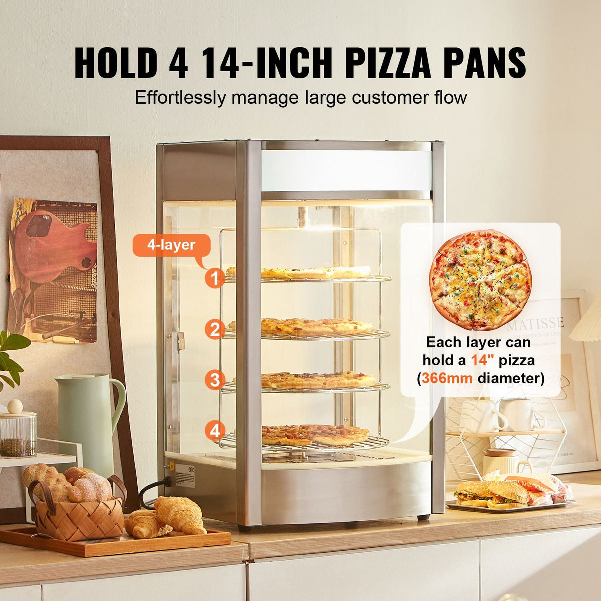 Commercial Food Warmer Display for 14" Pizza, 4-Tier Pizza Warmer with Rotary Steam Heating, 86 Fahrenheit~185 Fahrenheit Temperature Control and Temp Display, 25W Oven Light + Top LED