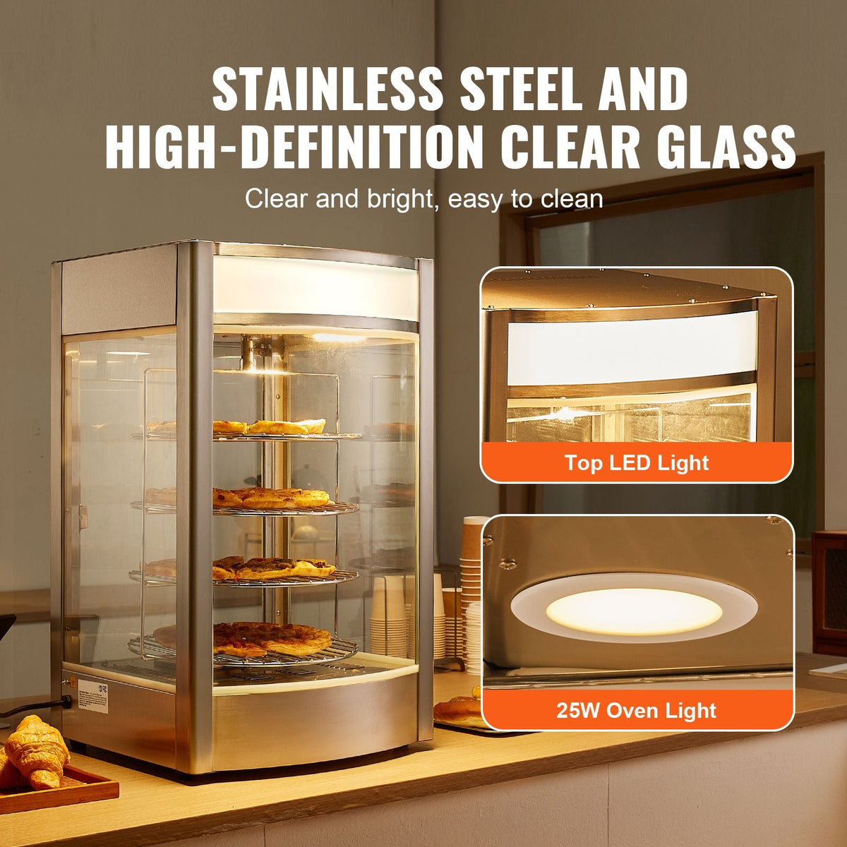 Commercial Food Warmer Display for 14" Pizza, 4-Tier Pizza Warmer with Rotary Steam Heating, 86 Fahrenheit~185 Fahrenheit Temperature Control and Temp Display, 25W Oven Light + Top LED