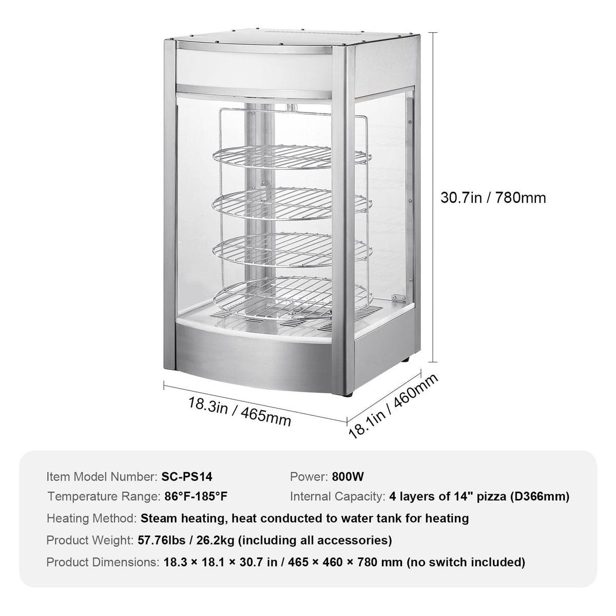 Commercial Food Warmer Display for 14" Pizza, 4-Tier Pizza Warmer with Rotary Steam Heating, 86 Fahrenheit~185 Fahrenheit Temperature Control and Temp Display, 25W Oven Light + Top LED