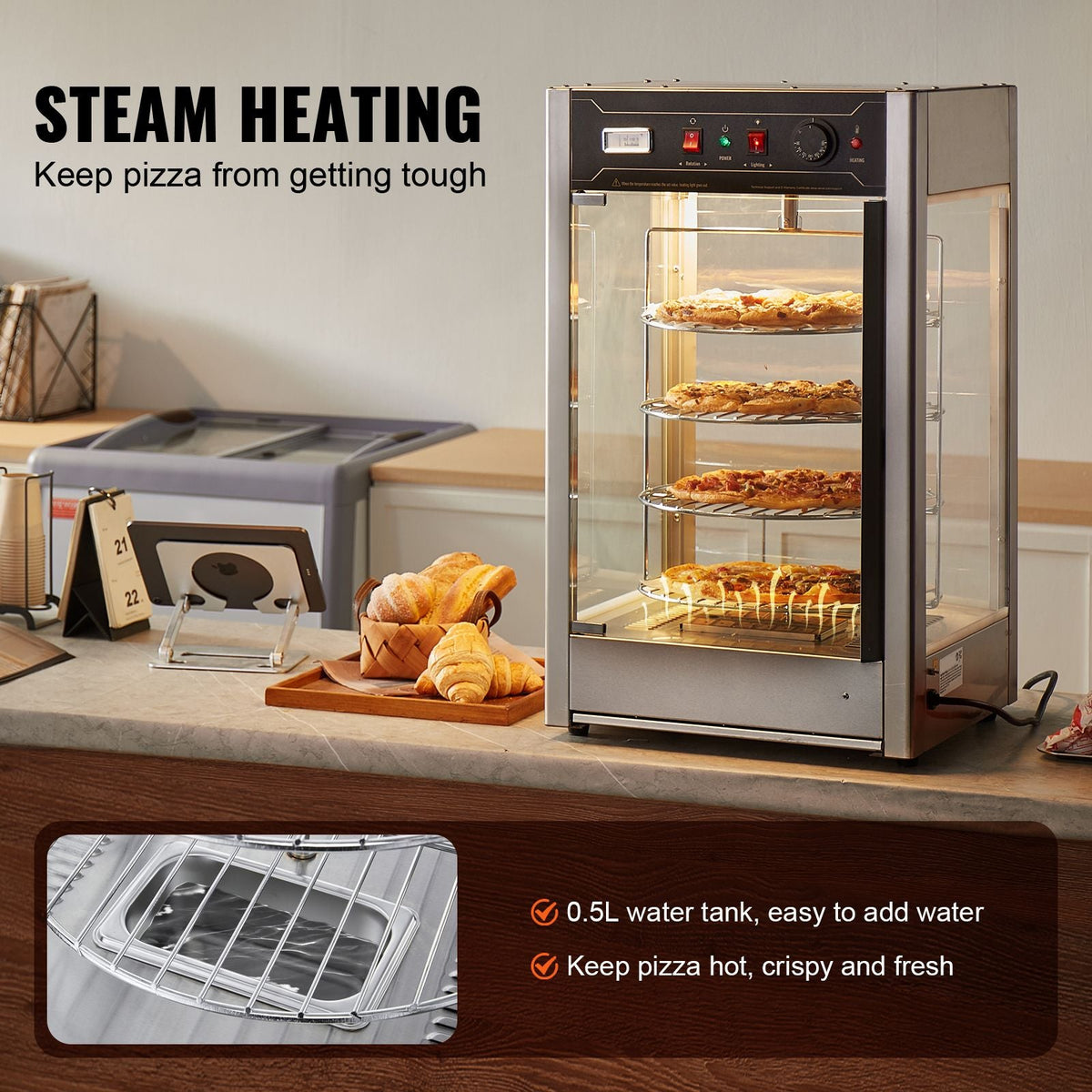 Commercial Food Warmer Display for 14" Pizza, 4-Tier Pizza Warmer with Rotary Steam Heating, 86 Fahrenheit~185 Fahrenheit Temperature Control and Temp Display, 25W Oven Light + Top LED