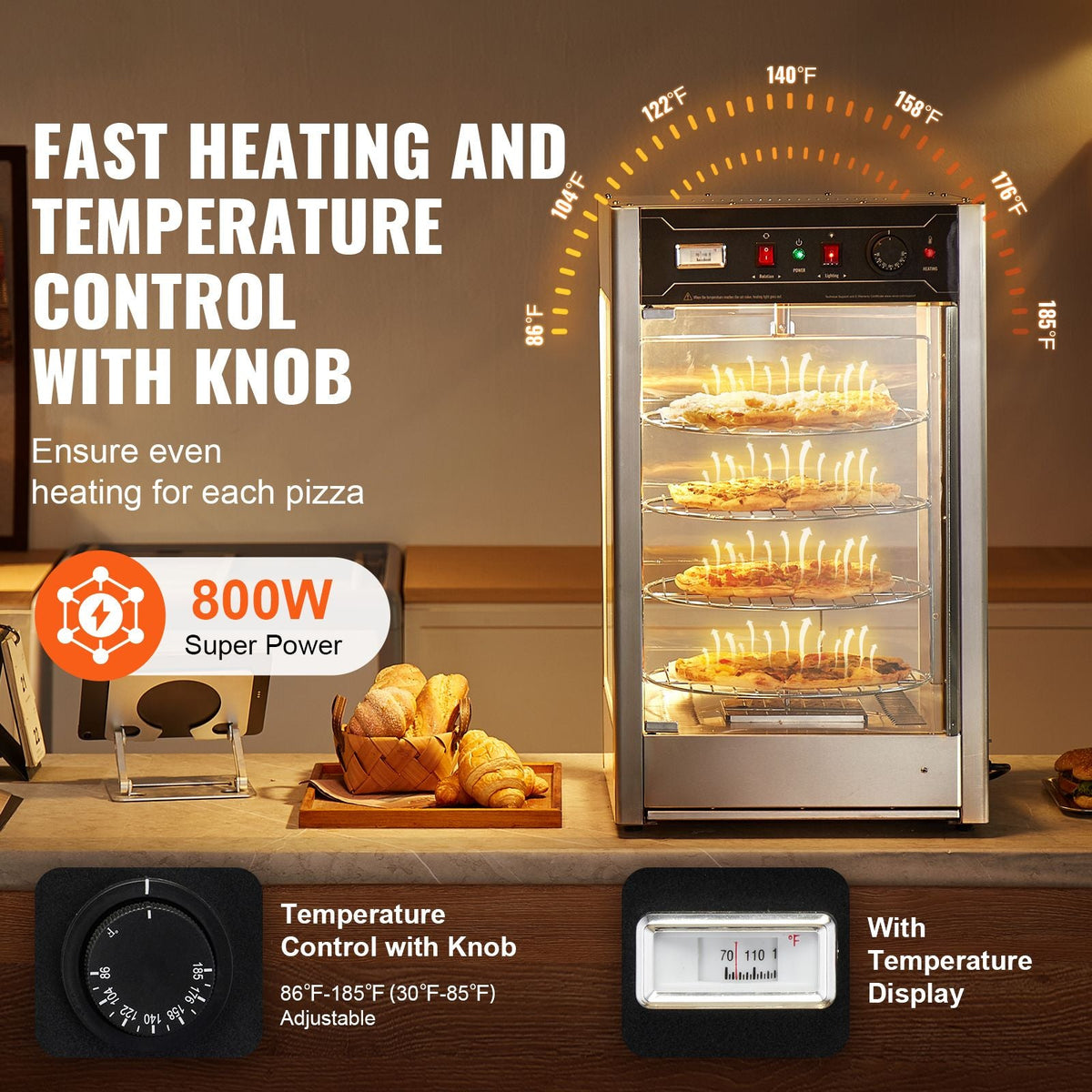 Commercial Food Warmer Display for 14" Pizza, 4-Tier Pizza Warmer with Rotary Steam Heating, 86 Fahrenheit~185 Fahrenheit Temperature Control and Temp Display, 25W Oven Light + Top LED