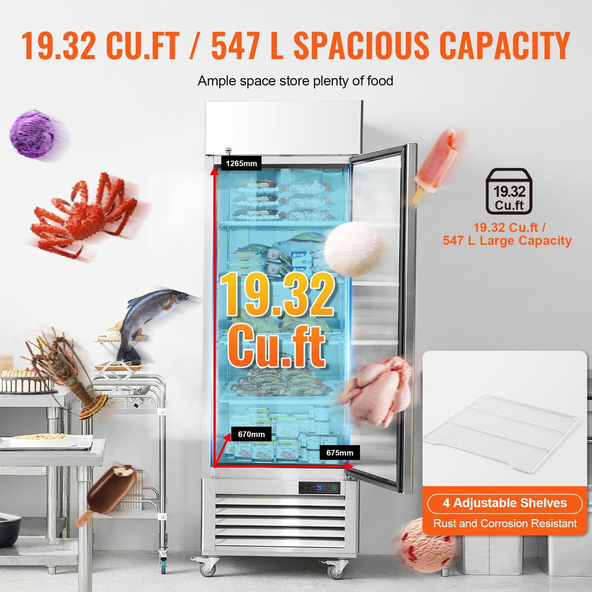 Commercial Freezer 19.32 Cu.ft, Reach In 27" W Upright Freezer Single Door, Auto-Defrost Stainless Steel Reach-in Freezer with 4 Adjustable Shelves, -13 to 5 F Temp Control, LED Light, 4 Wheels