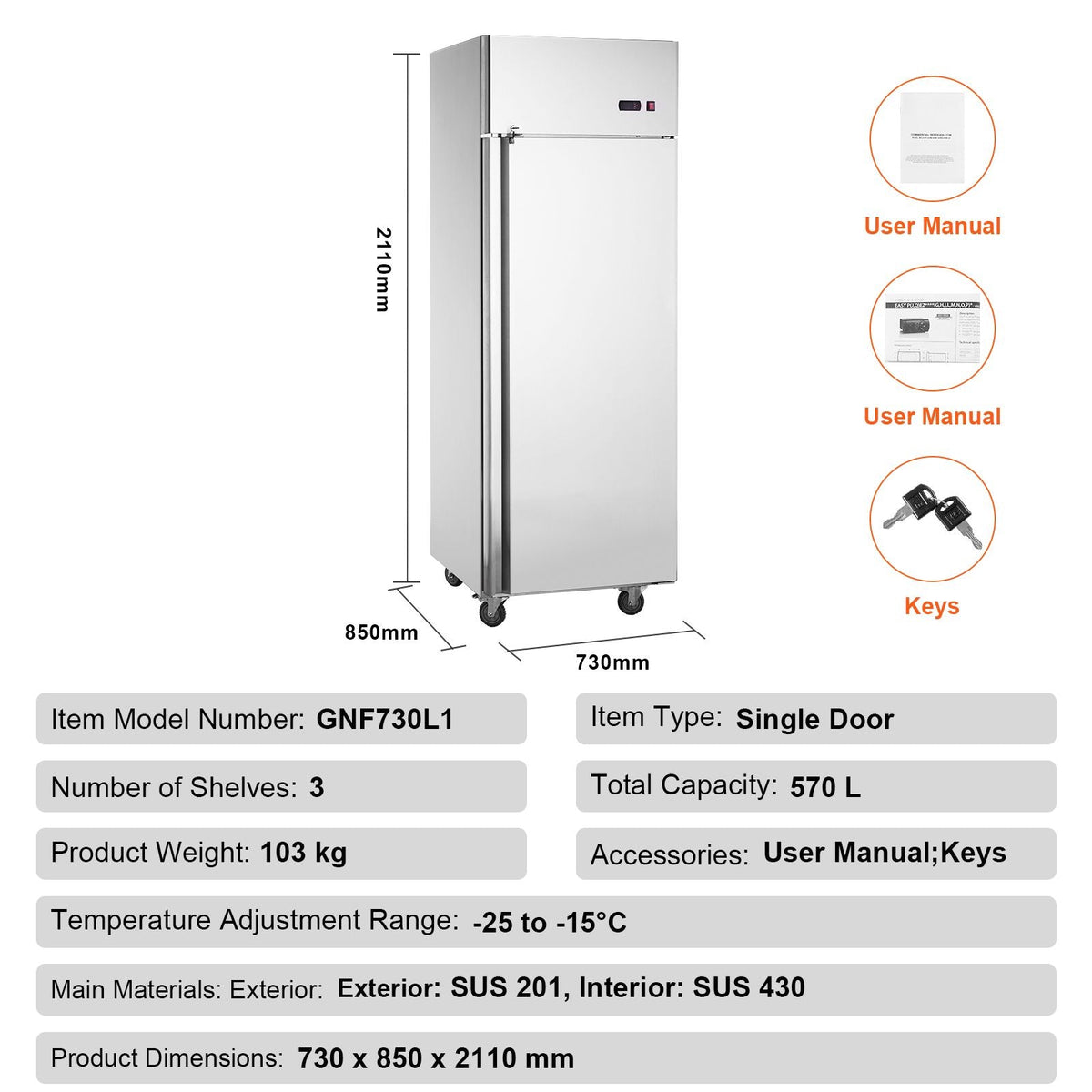 Commercial Freezer 19.32 Cu.ft, Reach In 27" W Upright Freezer Single Door, Auto-Defrost Stainless Steel Reach-in Freezer with 4 Adjustable Shelves, -13 to 5 F Temp Control, LED Light, 4 Wheels