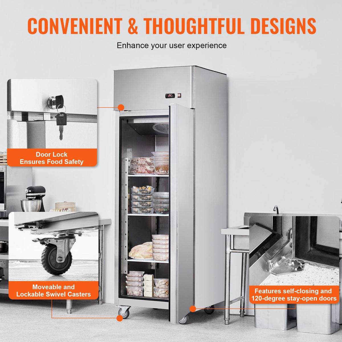 Commercial Freezer 19.32 Cu.ft, Reach In 27" W Upright Freezer Single Door, Auto-Defrost Stainless Steel Reach-in Freezer with 4 Adjustable Shelves, -13 to 5 F Temp Control, LED Light, 4 Wheels