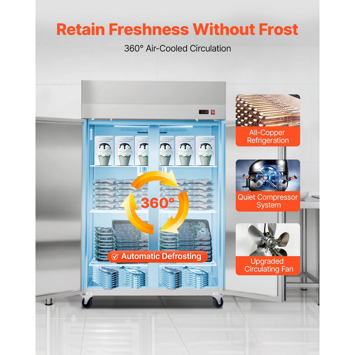 Commercial Freezer, 31.89 in Width Reach In Upright-Freezer Double Door, 32.1 Cu.ft Auto-Defrost Stainless Steel Freezer with 8 Adjustable Shelves, -11 to 14 F Temp Control, LED Light, 4 Wheels