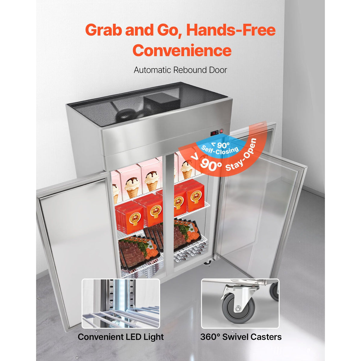 Commercial Freezer, 31.89 in Width Reach In Upright-Freezer Double Door, 32.1 Cu.ft Auto-Defrost Stainless Steel Freezer with 8 Adjustable Shelves, -11 to 14 F Temp Control, LED Light, 4 Wheels