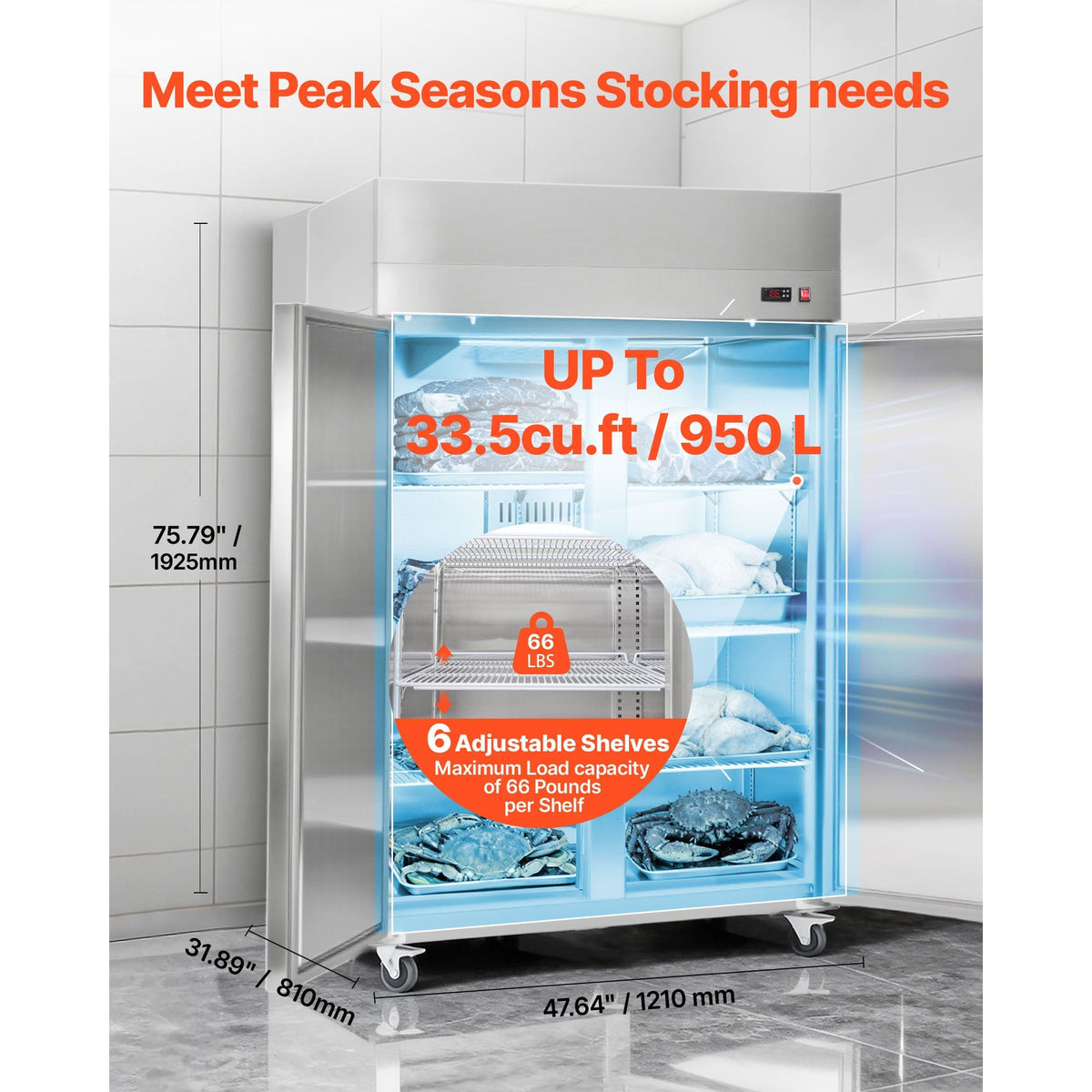 Commercial Freezer, 31.89 in Width Reach In Upright-Freezer Double Door, 32.1 Cu.ft Auto-Defrost Stainless Steel Freezer with 8 Adjustable Shelves, -11 to 14 F Temp Control, LED Light, 4 Wheels