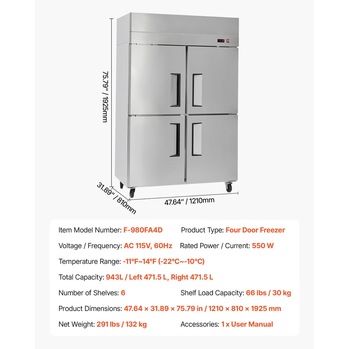 Commercial Freezer, 31.89 in Width Reach In Upright-Freezer Four Door, 31.4 Cu.ft Auto-Defrost Stainless Steel Freezer with 6 Adjustable Shelves, -11 to 14 F Temp Control, LED Light, 4 Wheels
