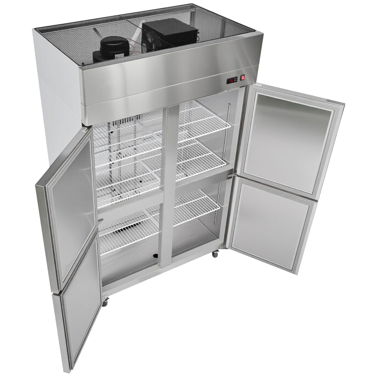 Commercial Freezer, 31.89 in Width Reach In Upright-Freezer Four Door, 31.4 Cu.ft Auto-Defrost Stainless Steel Freezer with 6 Adjustable Shelves, -11 to 14 F Temp Control, LED Light, 4 Wheels