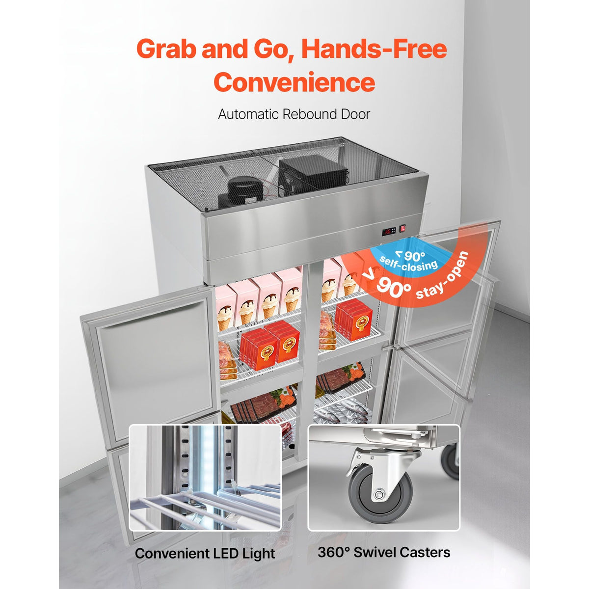 Commercial Freezer, 31.89 in Width Reach In Upright-Freezer Four Door, 31.4 Cu.ft Auto-Defrost Stainless Steel Freezer with 6 Adjustable Shelves, -11 to 14 F Temp Control, LED Light, 4 Wheels