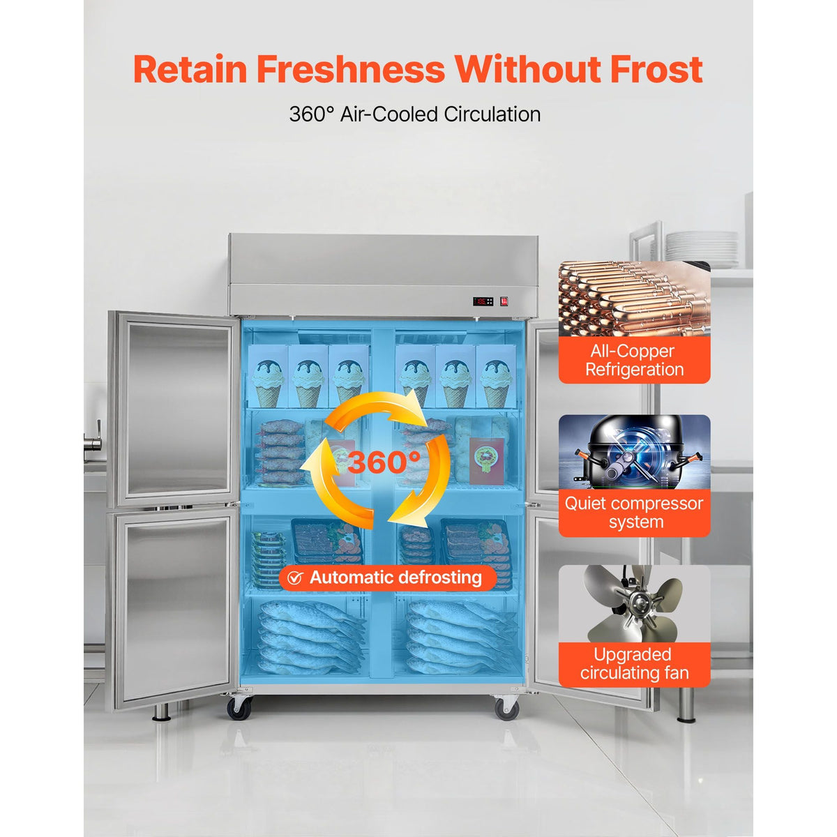 Commercial Freezer, 31.89 in Width Reach In Upright-Freezer Four Door, 31.4 Cu.ft Auto-Defrost Stainless Steel Freezer with 6 Adjustable Shelves, -11 to 14 F Temp Control, LED Light, 4 Wheels