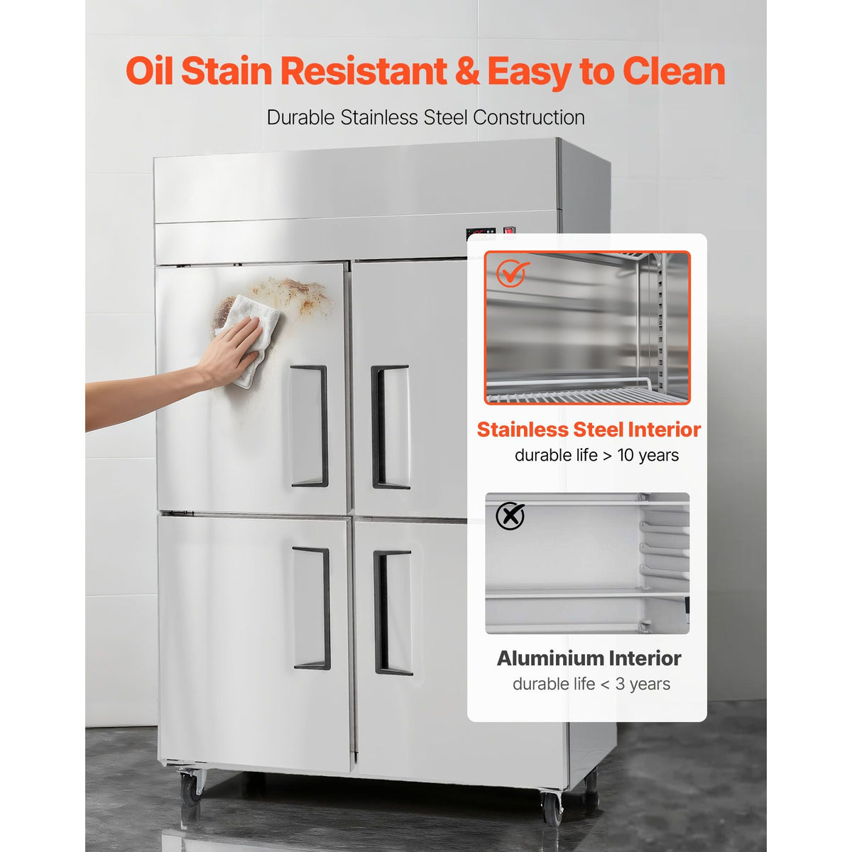 Commercial Freezer, 31.89 in Width Reach In Upright-Freezer Four Door, 31.4 Cu.ft Auto-Defrost Stainless Steel Freezer with 6 Adjustable Shelves, -11 to 14 F Temp Control, LED Light, 4 Wheels