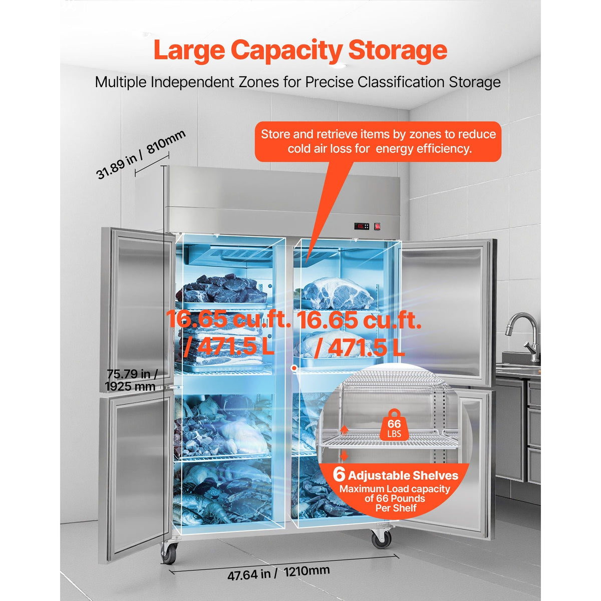Commercial Freezer, 31.89 in Width Reach In Upright-Freezer Four Door, 31.4 Cu.ft Auto-Defrost Stainless Steel Freezer with 6 Adjustable Shelves, -11 to 14 F Temp Control, LED Light, 4 Wheels