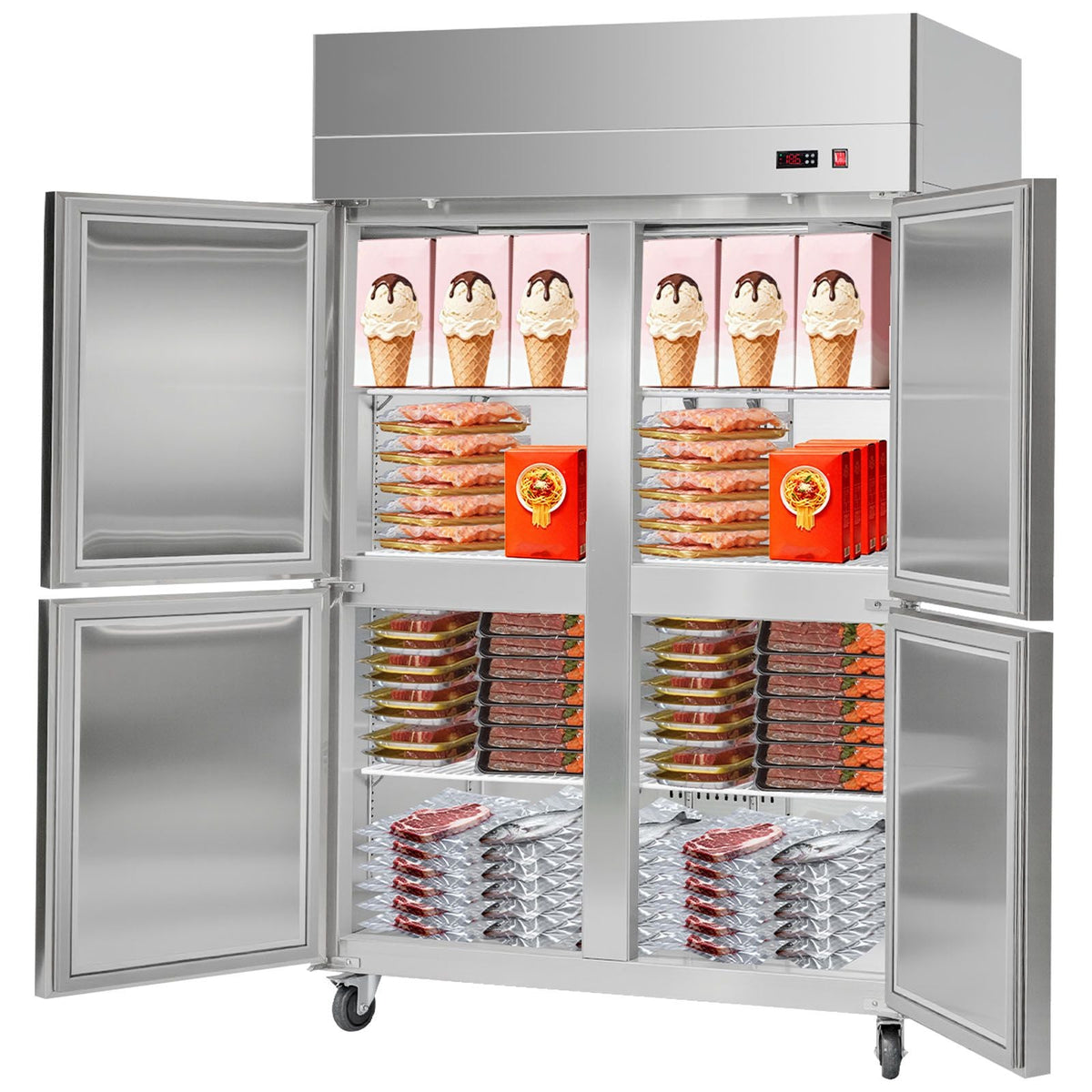 Commercial Freezer, 31.89 in Width Reach In Upright-Freezer Four Door, 31.4 Cu.ft Auto-Defrost Stainless Steel Freezer with 6 Adjustable Shelves, -11 to 14 F Temp Control, LED Light, 4 Wheels