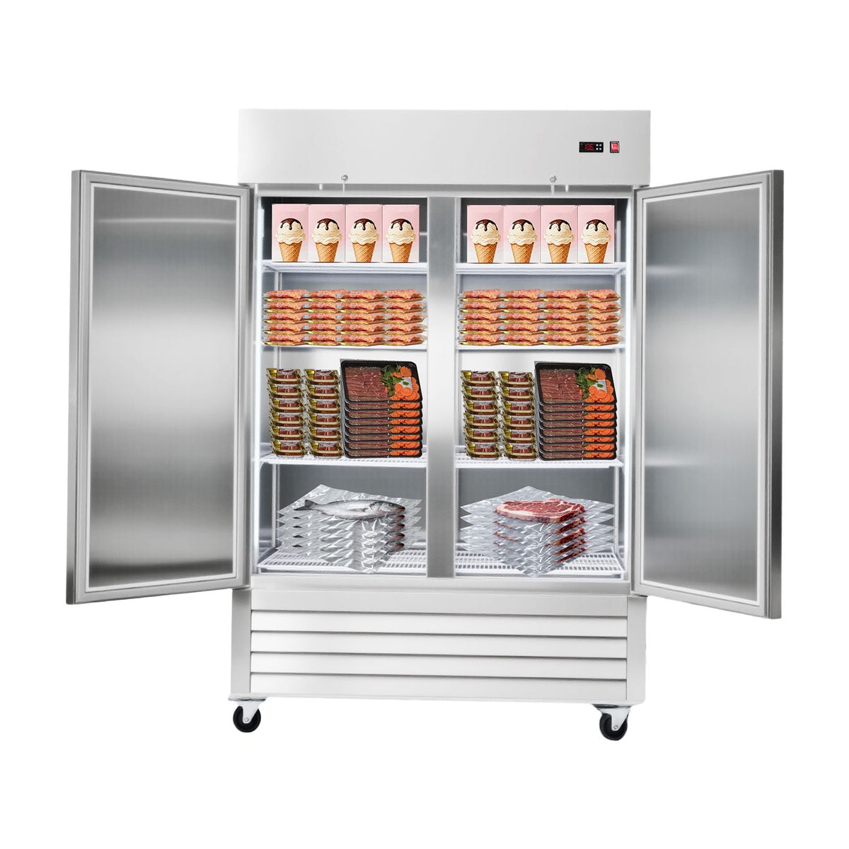 Commercial Freezer, 32.2 in Width Reach In Upright-Freezer Double Door, 43.2 Cu.ft Auto-Defrost Stainless Steel Freezer with 8 Adjustable Shelves, -11 to 14 F Temp Control, LED Light, 4 Wheels