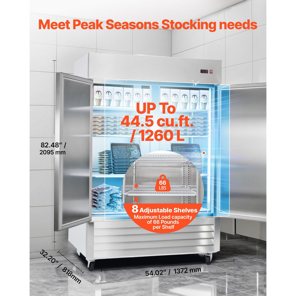 Commercial Freezer, 32.2 in Width Reach In Upright-Freezer Double Door, 43.2 Cu.ft Auto-Defrost Stainless Steel Freezer with 8 Adjustable Shelves, -11 to 14 F Temp Control, LED Light, 4 Wheels