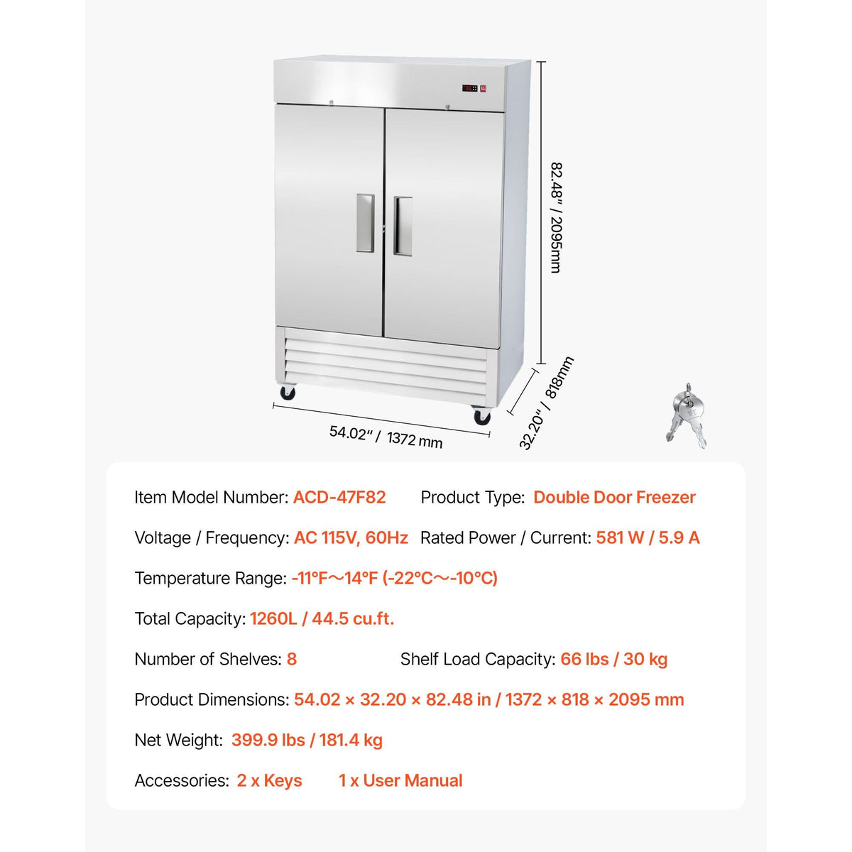 Commercial Freezer, 32.2 in Width Reach In Upright-Freezer Double Door, 43.2 Cu.ft Auto-Defrost Stainless Steel Freezer with 8 Adjustable Shelves, -11 to 14 F Temp Control, LED Light, 4 Wheels