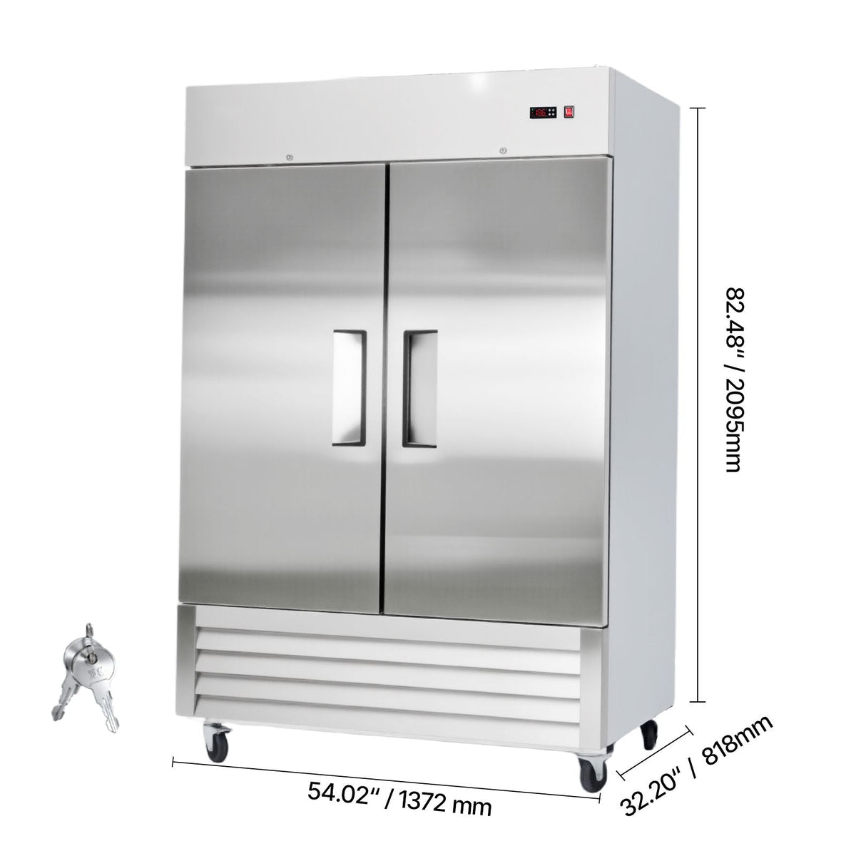 Commercial Freezer, 32.2 in Width Reach In Upright-Freezer Double Door, 43.2 Cu.ft Auto-Defrost Stainless Steel Freezer with 8 Adjustable Shelves, -11 to 14 F Temp Control, LED Light, 4 Wheels