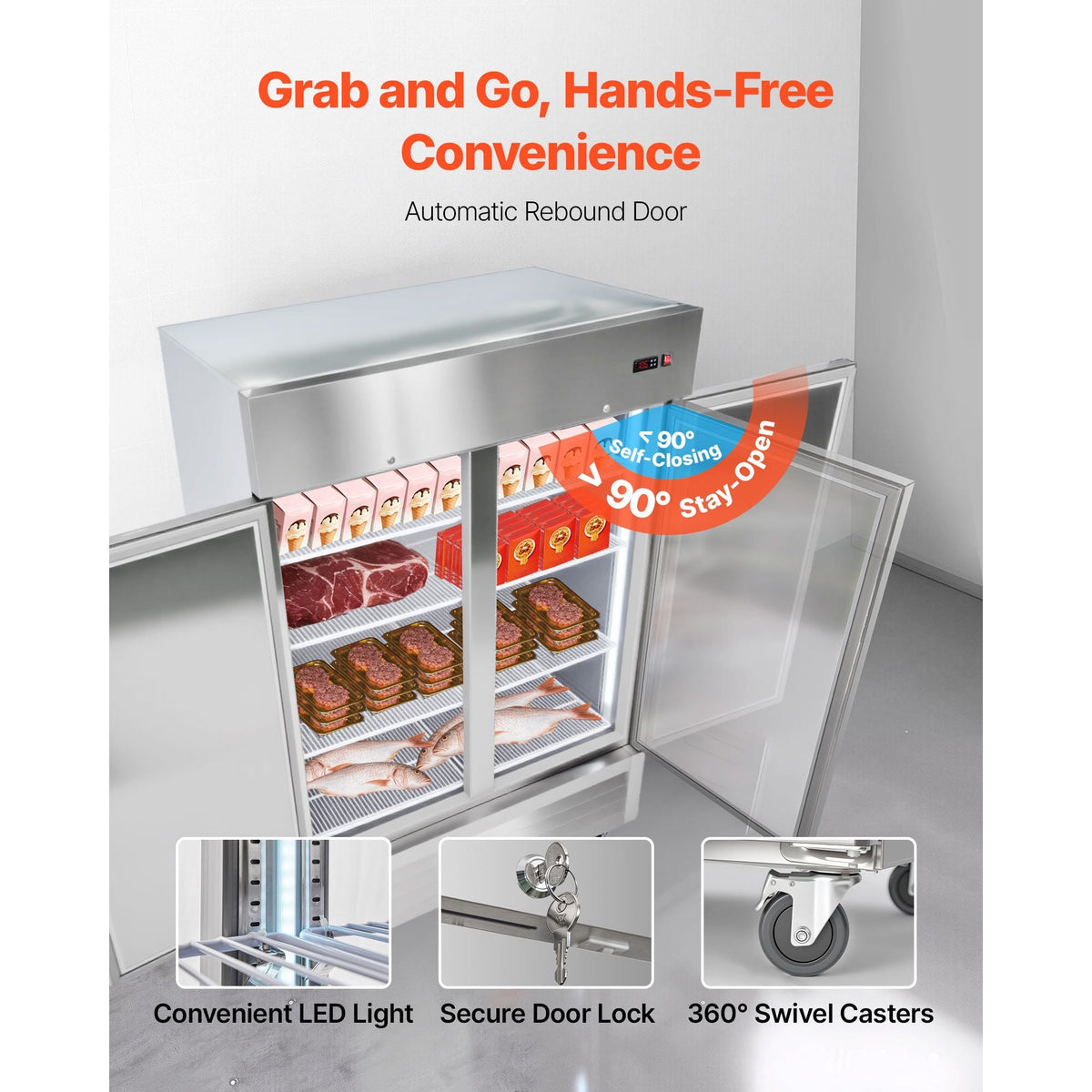Commercial Freezer, 32.2 in Width Reach In Upright-Freezer Double Door, 43.2 Cu.ft Auto-Defrost Stainless Steel Freezer with 8 Adjustable Shelves, -11 to 14 F Temp Control, LED Light, 4 Wheels
