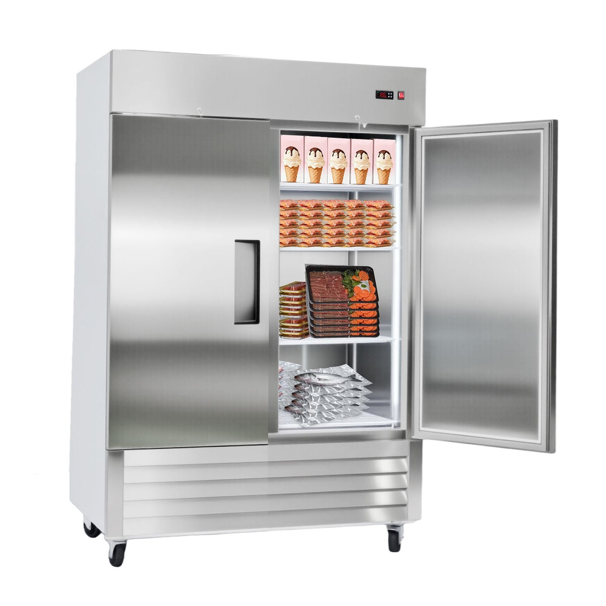 Commercial Freezer, 32.2 in Width Reach In Upright-Freezer Double Door, 43.2 Cu.ft Auto-Defrost Stainless Steel Freezer with 8 Adjustable Shelves, -11 to 14 F Temp Control, LED Light, 4 Wheels