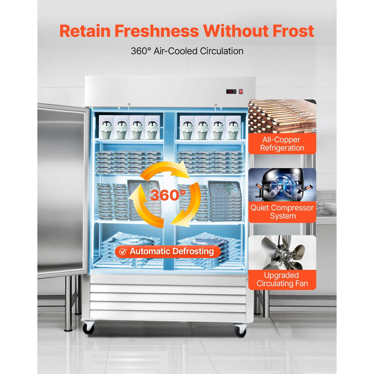 Commercial Freezer, 32.2 in Width Reach In Upright-Freezer Double Door, 43.2 Cu.ft Auto-Defrost Stainless Steel Freezer with 8 Adjustable Shelves, -11 to 14 F Temp Control, LED Light, 4 Wheels