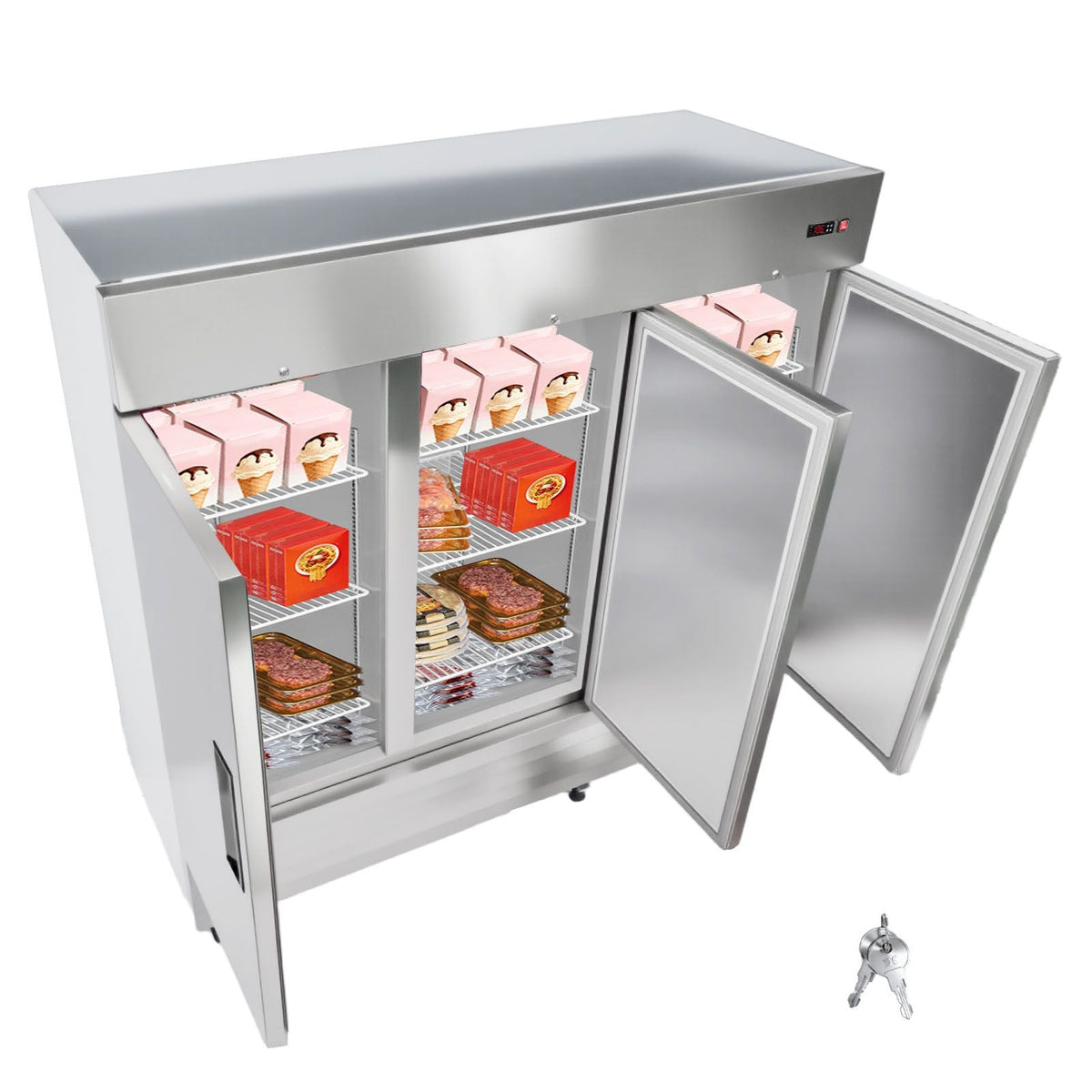 Commercial Freezer, 32.2 in Width Reach In Upright-Freezer Three Door, 66.9 Cu.ft Auto-Defrost Freezer with 12 Adjustable Shelves, -11 to 14 Fahrenheit Temp Control, LED Light, 4 Wheels