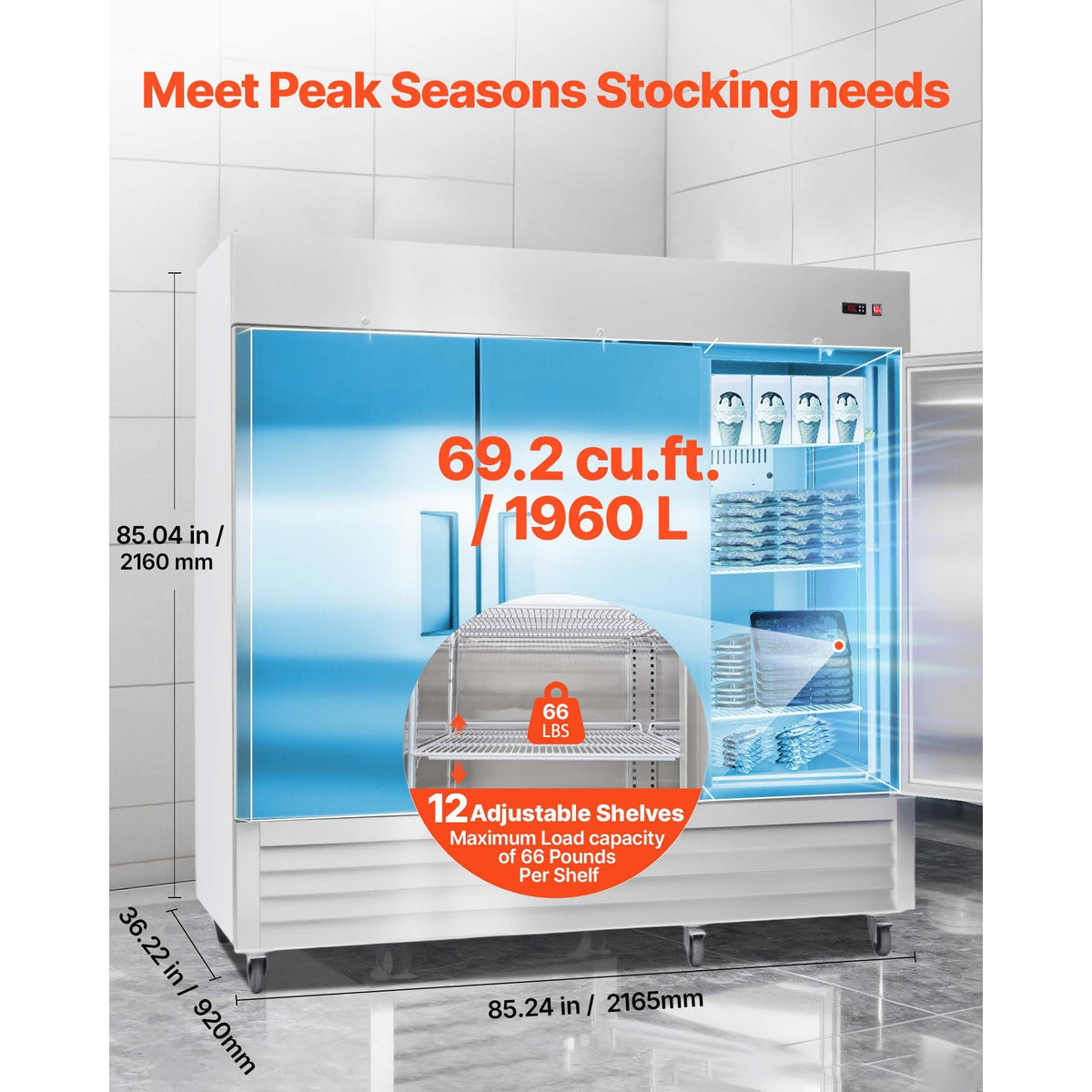 Commercial Freezer, 32.2 in Width Reach In Upright-Freezer Three Door, 66.9 Cu.ft Auto-Defrost Freezer with 12 Adjustable Shelves, -11 to 14 Fahrenheit Temp Control, LED Light, 4 Wheels