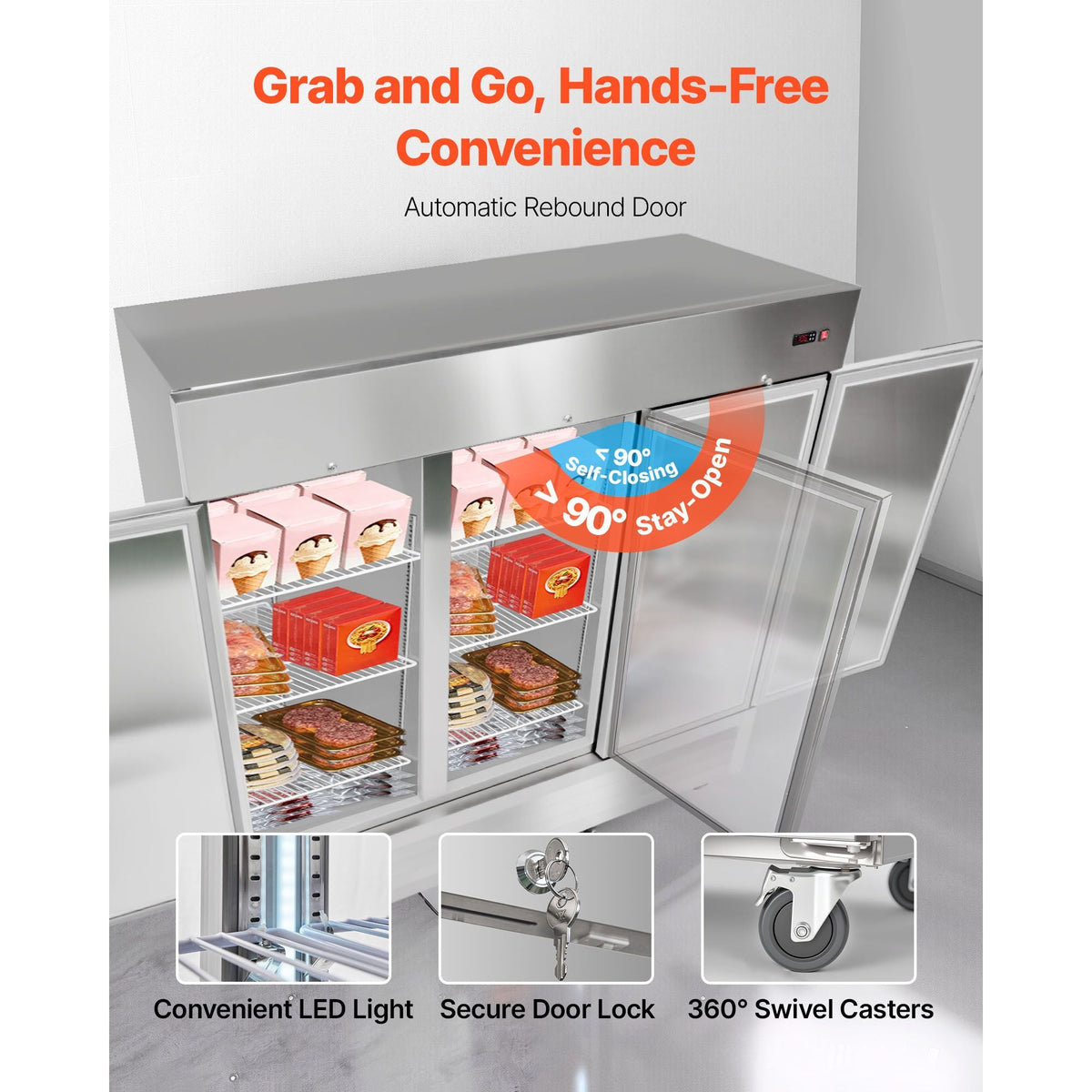 Commercial Freezer, 32.2 in Width Reach In Upright-Freezer Three Door, 66.9 Cu.ft Auto-Defrost Freezer with 12 Adjustable Shelves, -11 to 14 Fahrenheit Temp Control, LED Light, 4 Wheels